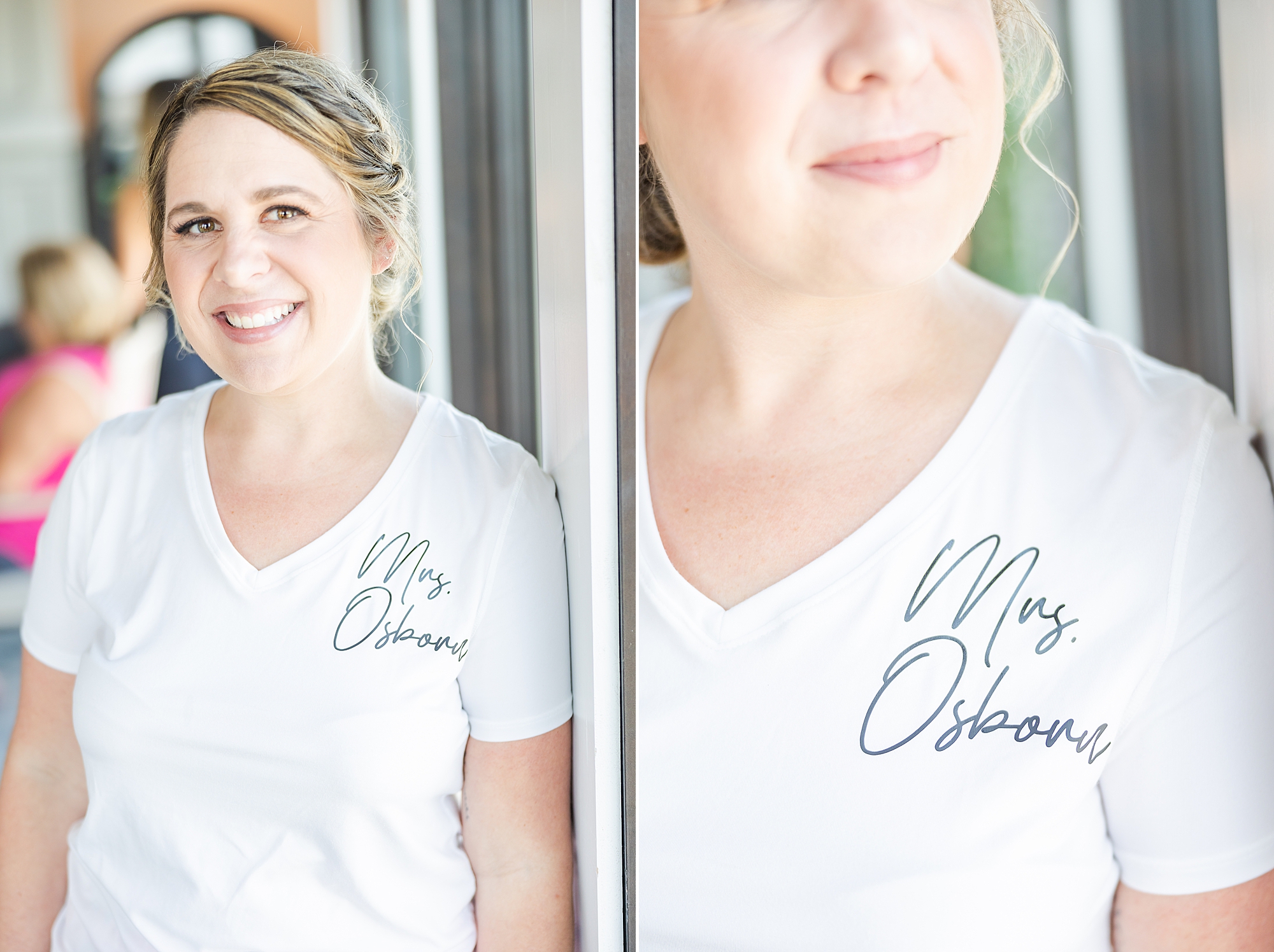 bride wears custom t-shirt to prepare for OBX wedding
