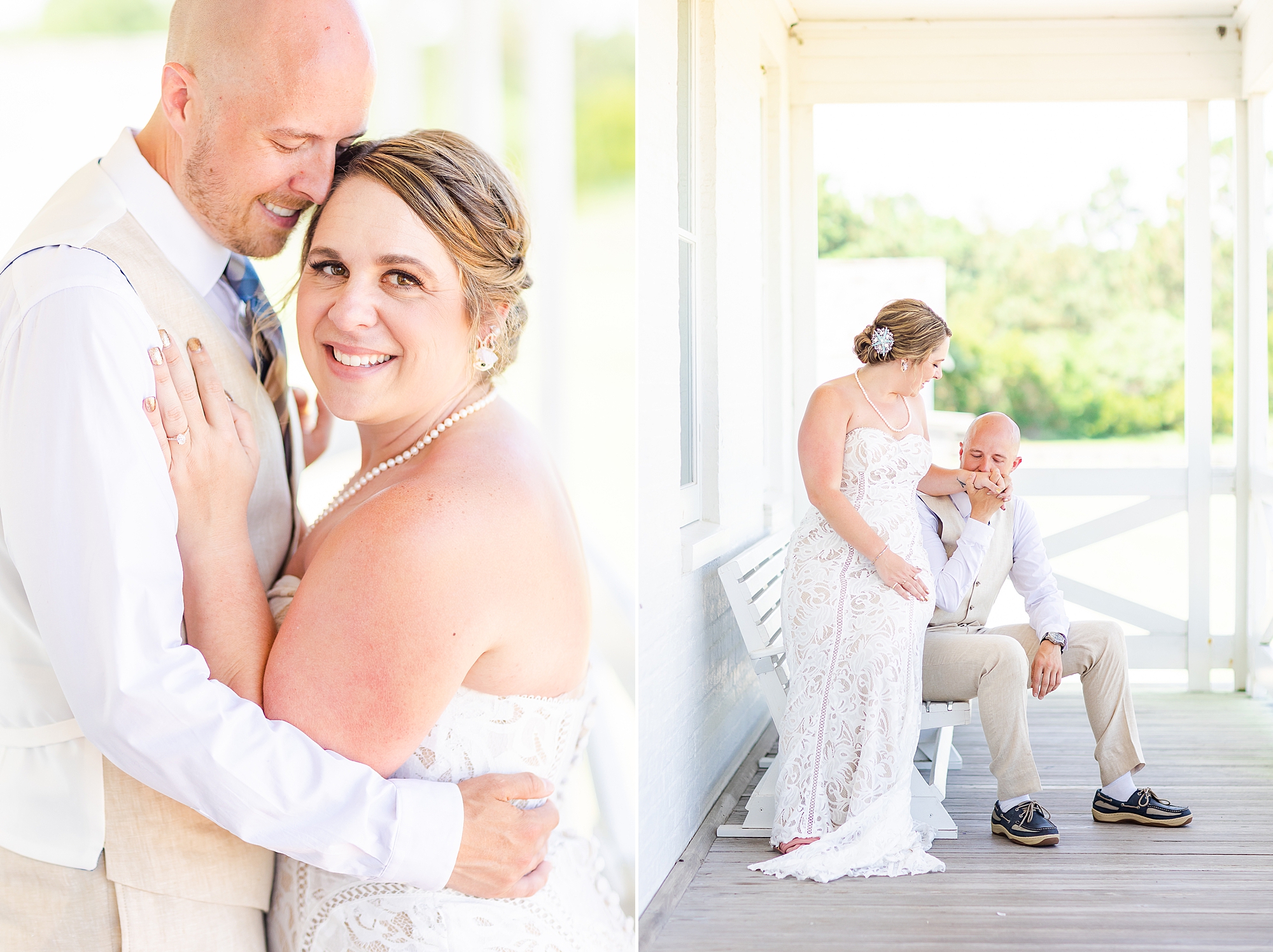 bride and groom sit on lighthouse keeper's front porch