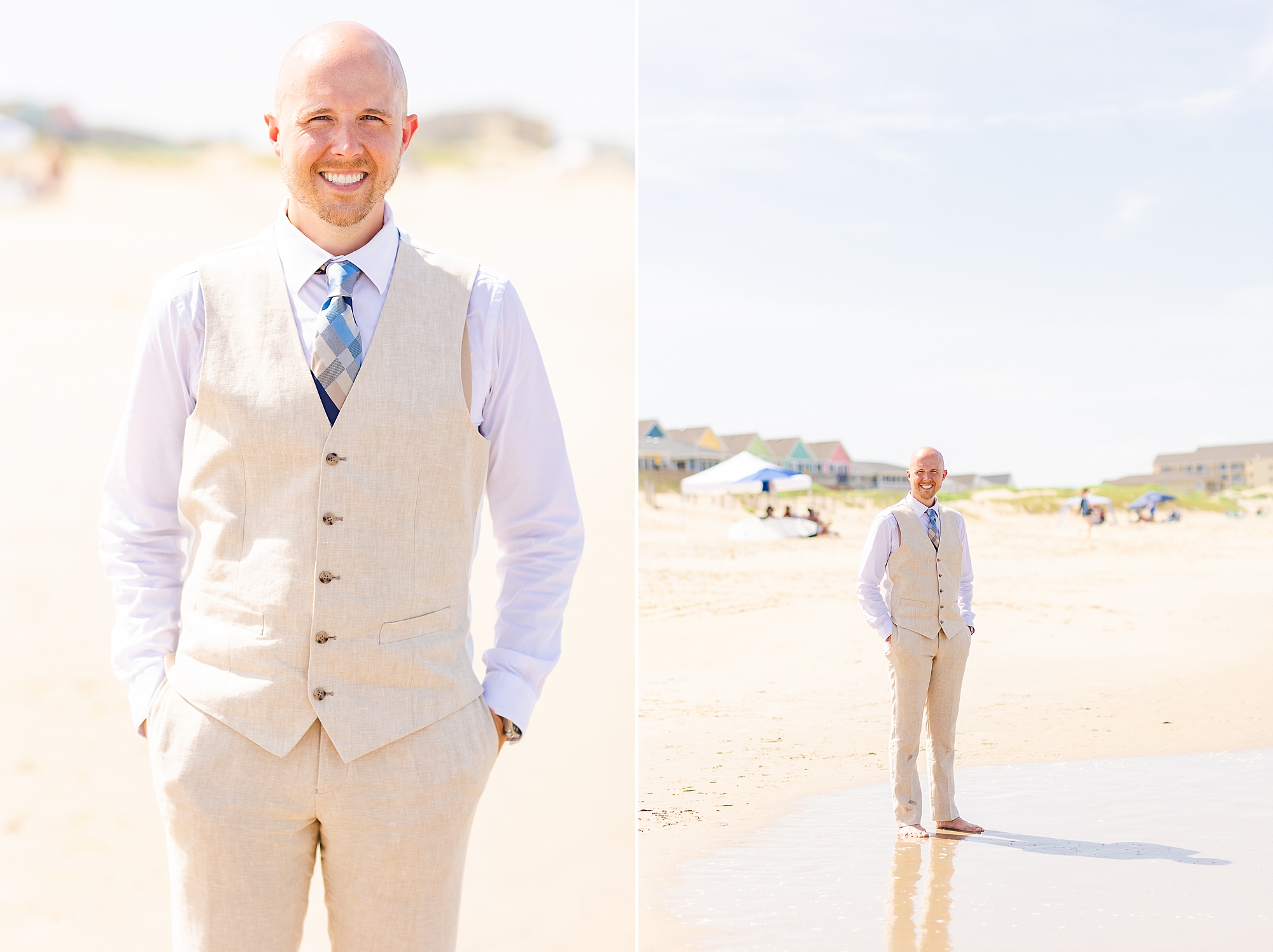 groom poses in khaki suit on beach during OBX wedding photos