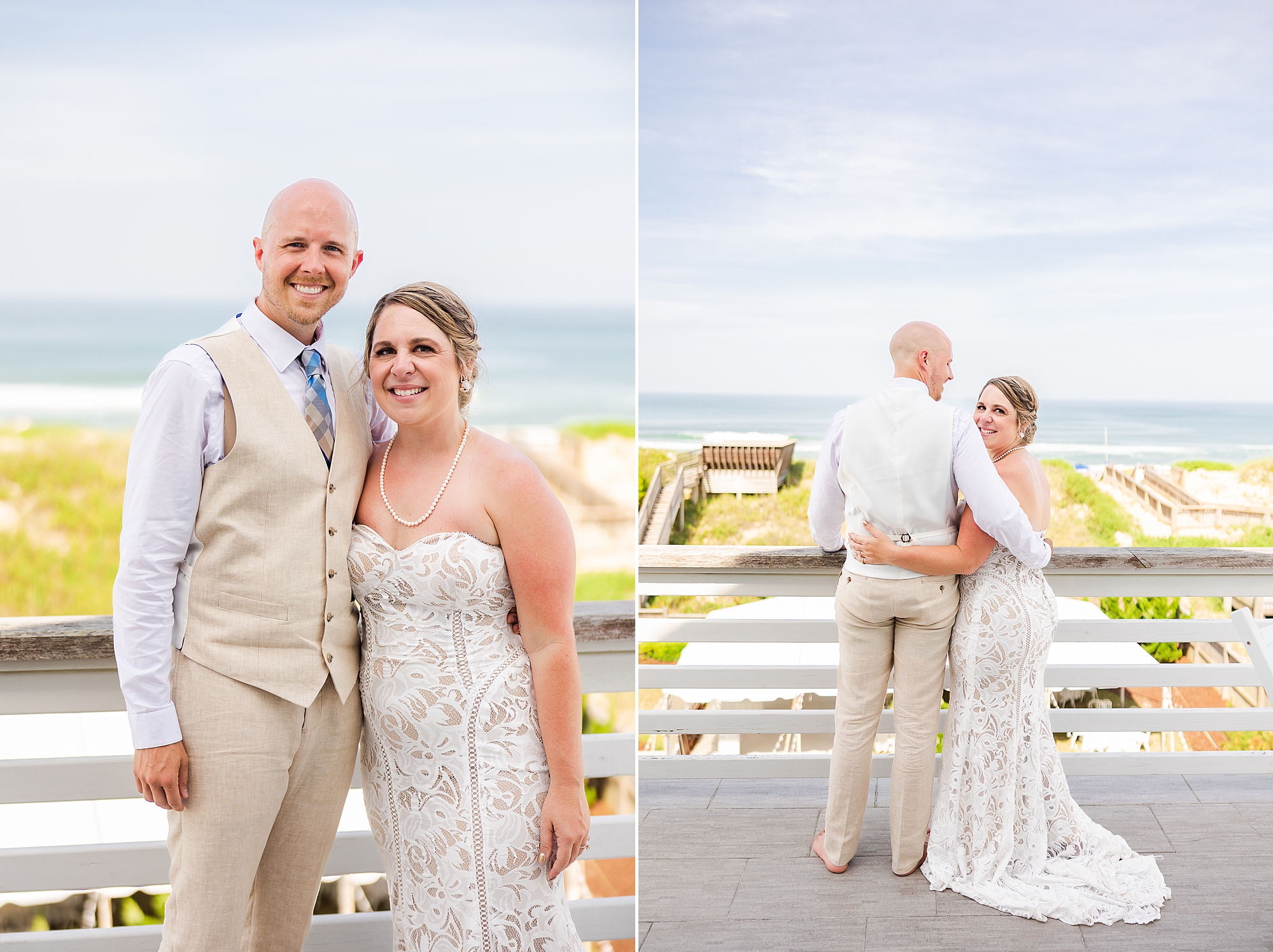 bride and groom stand on beach walkway for portraits 