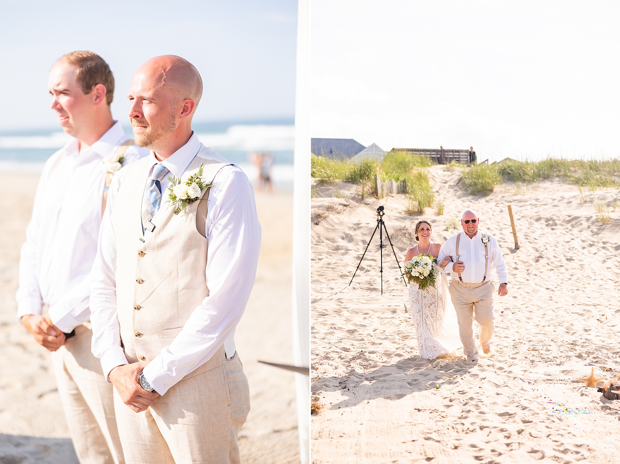 groom watches bride walk down aisle for OBX wedding ceremony
