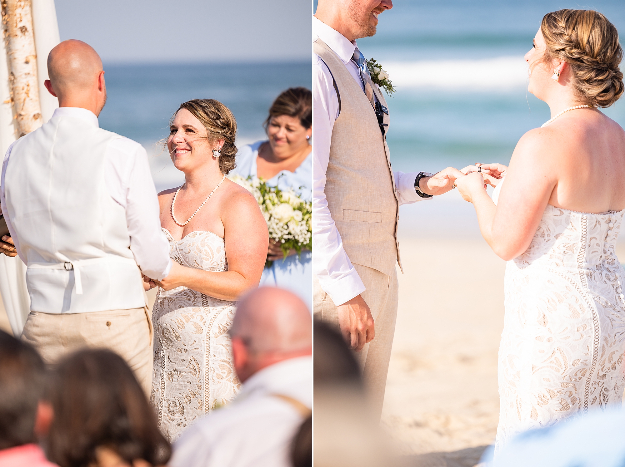 bride and groom exchange rings during windy beach wedding ceremony