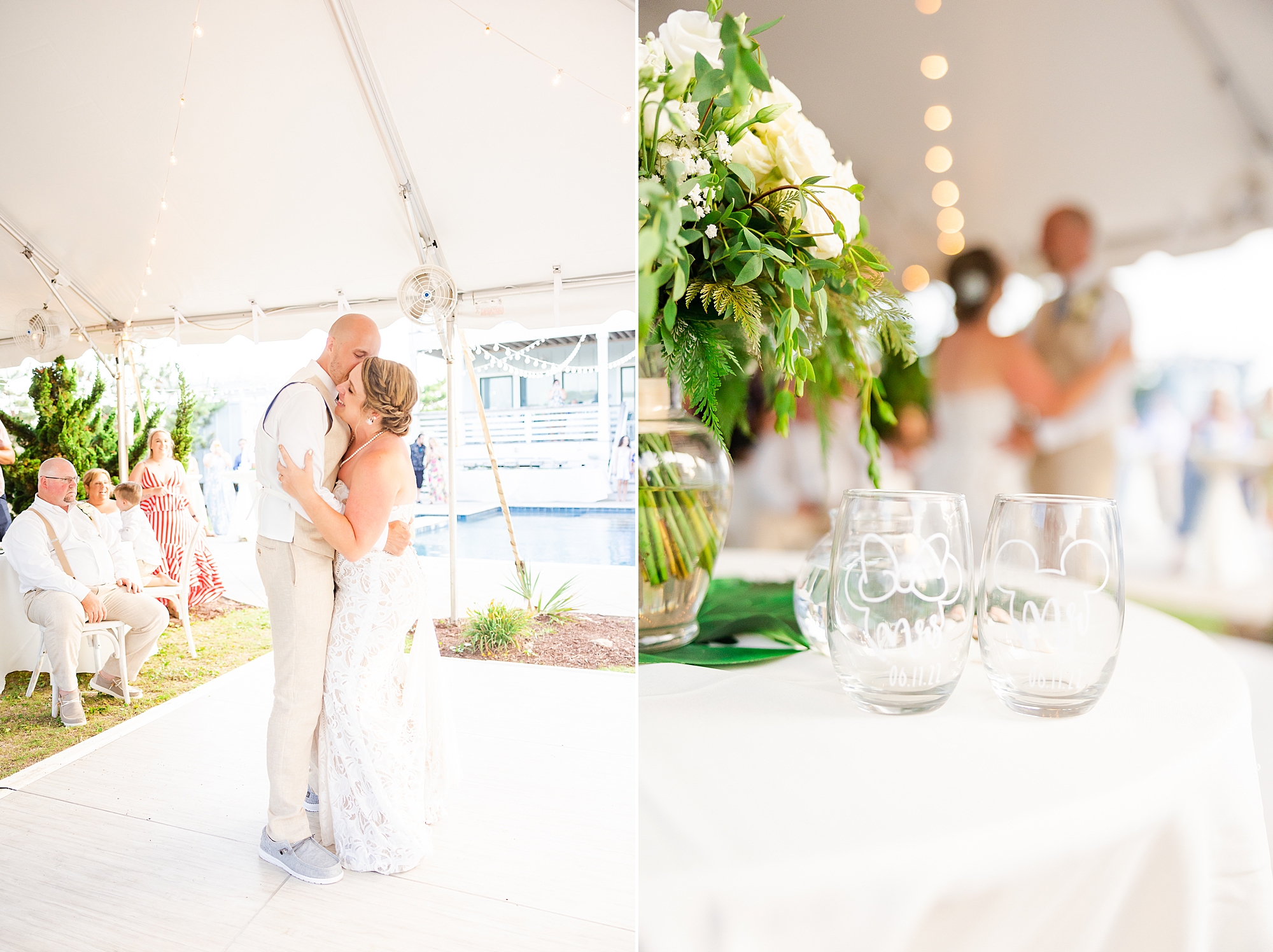 newlyweds dance during OBX wedding reception at beach house