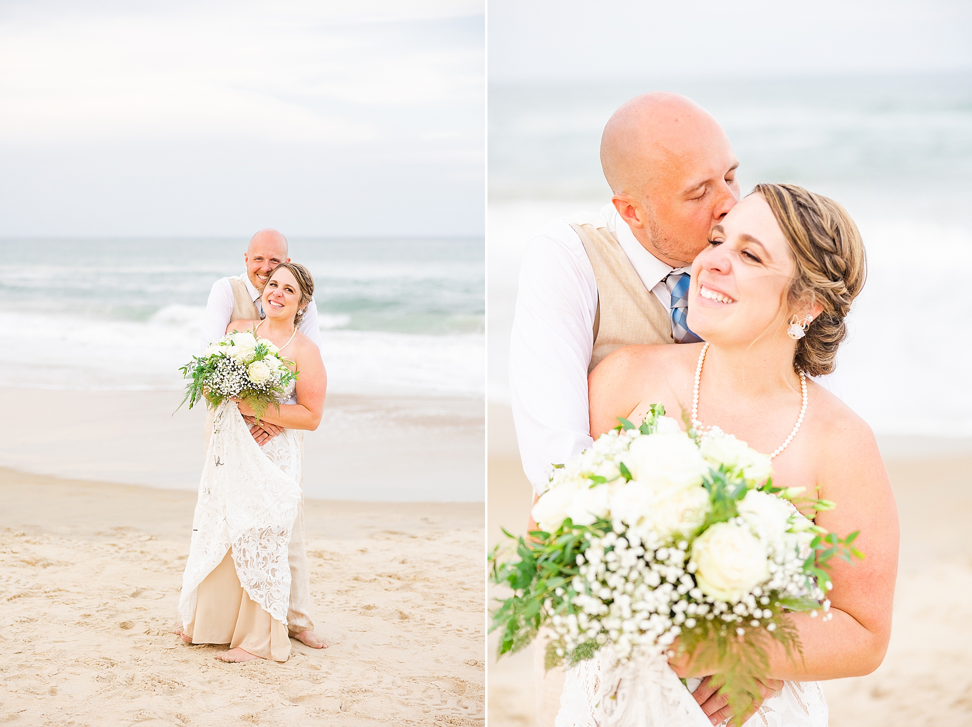 bride and groom snuggle on beach during OBX wedding day