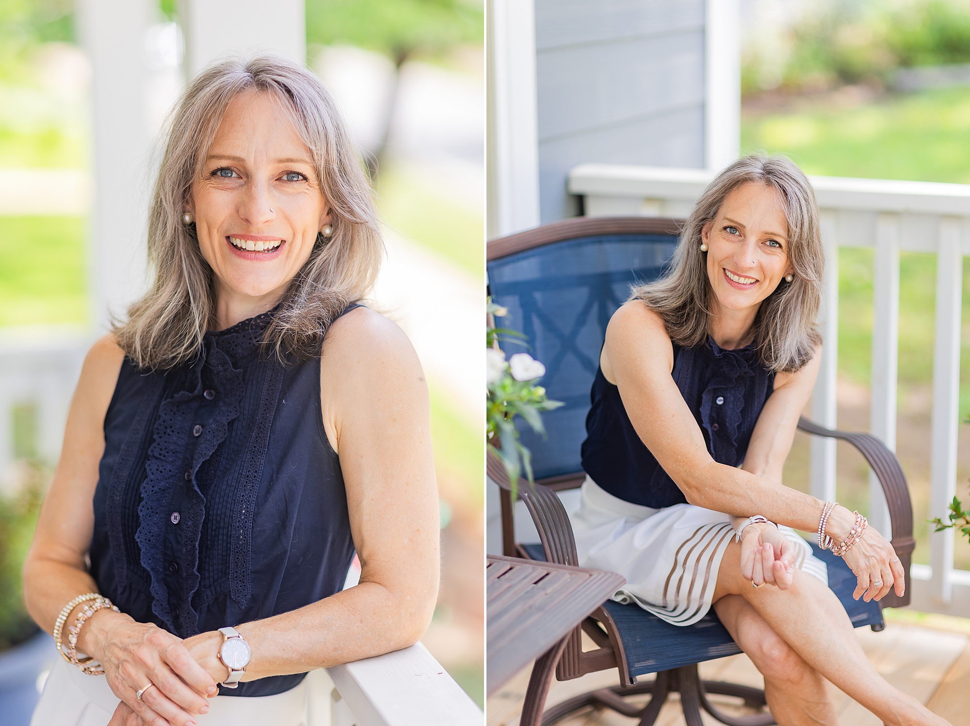 woman sits in blue chair on porch during at home branding photos