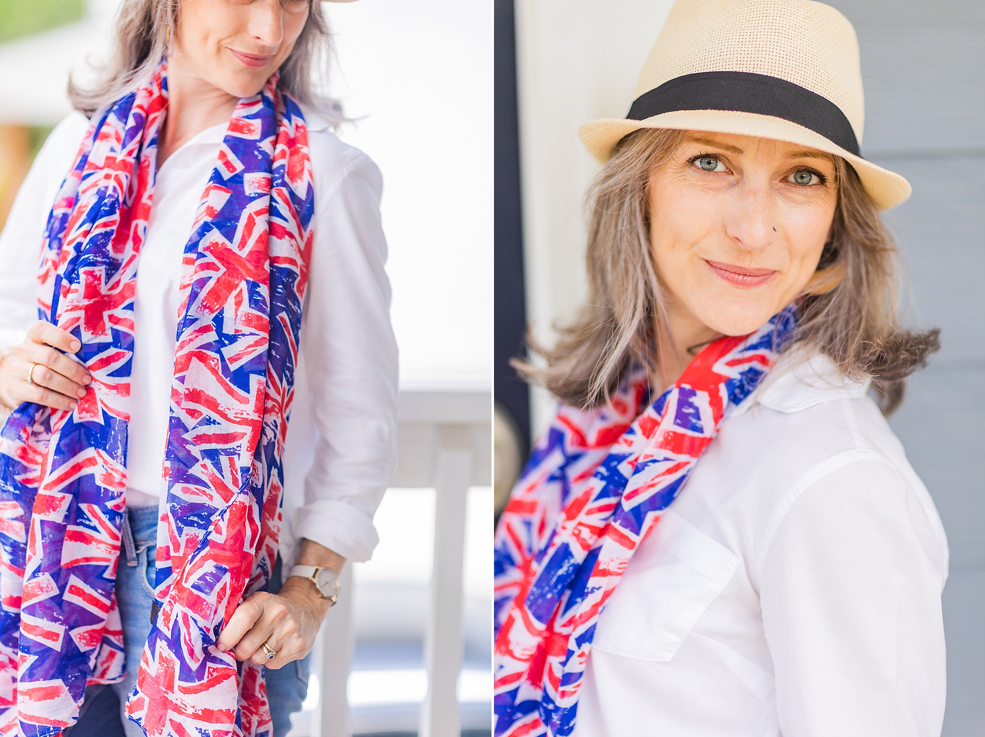 woman poses with scarf of UK flag on front porch 