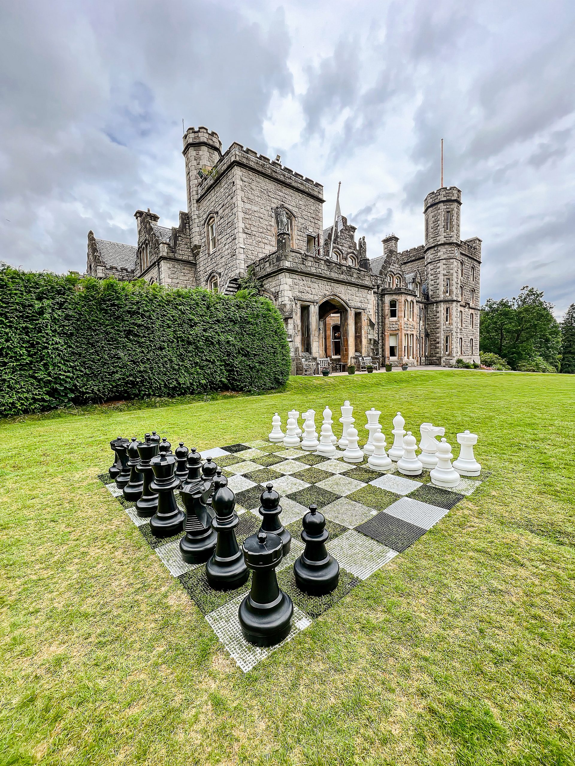 giant chess board outside Scottish castle 