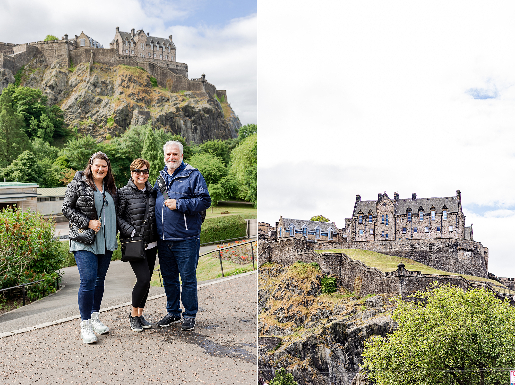 family poses by castle in Scotland