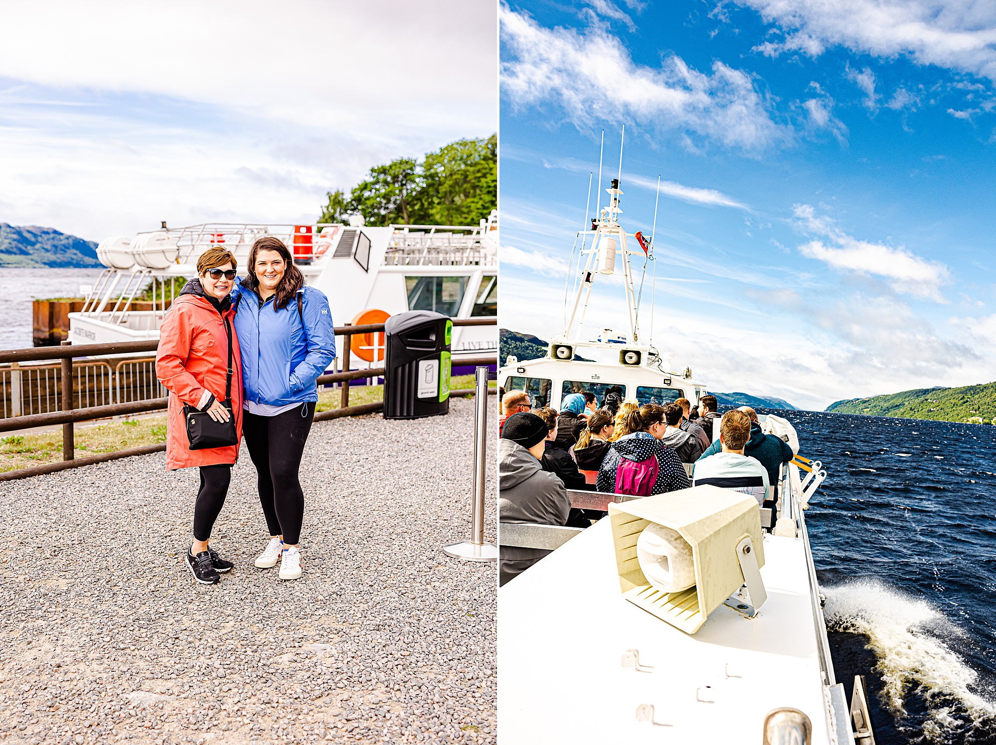 women pose next to boat before Loch Ness tour 