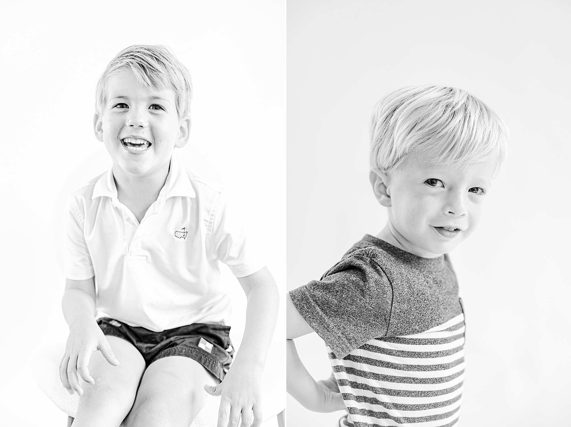 boys pose on white backdrop during studio personality portraits