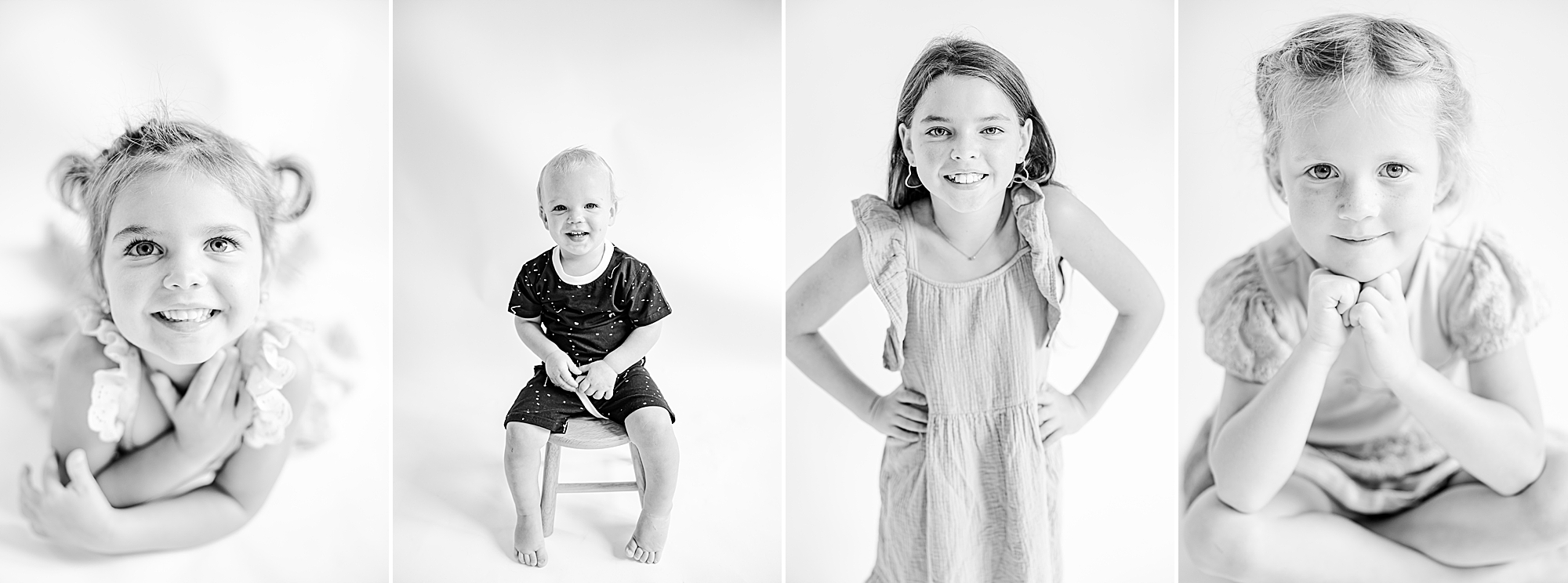 four kids pose during Charlotte studio personality portraits