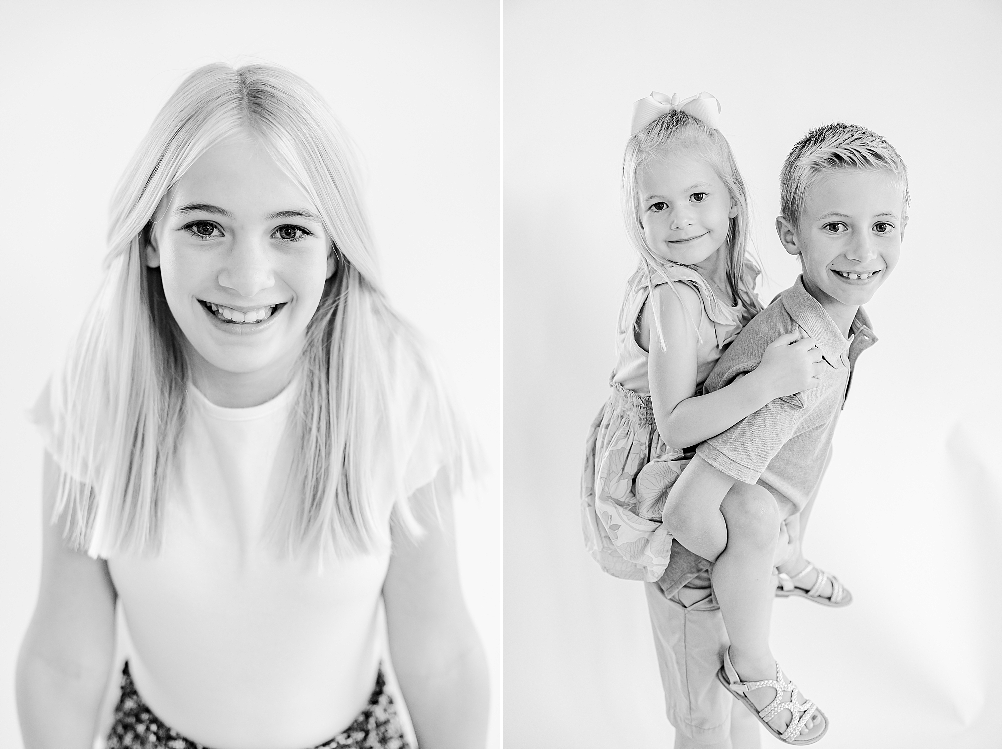 children hug together on white backdrop during studio personality portraits