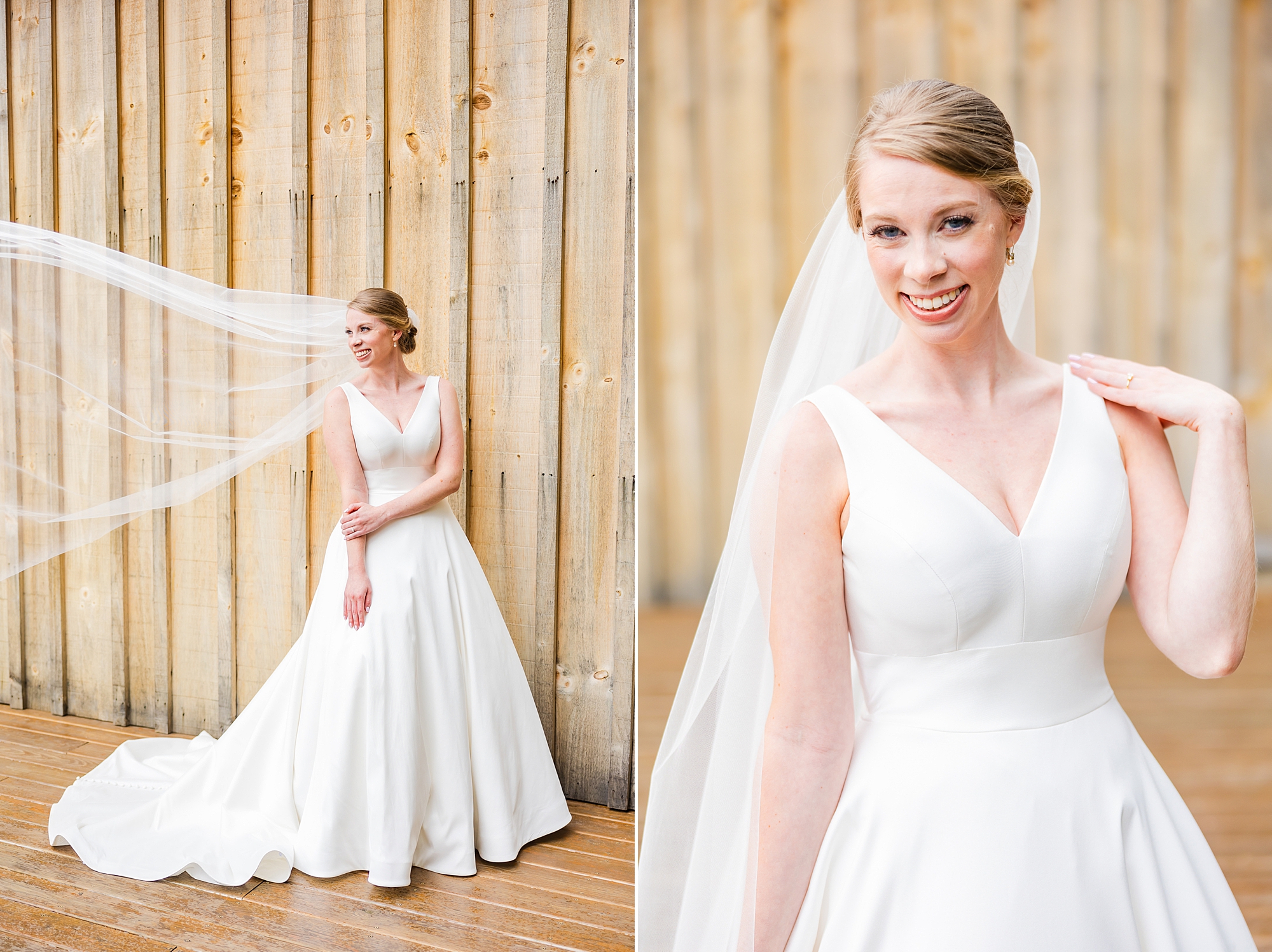 bride stands in wedding dress with v-neck during bridal portraits with Charlotte wedding photographer