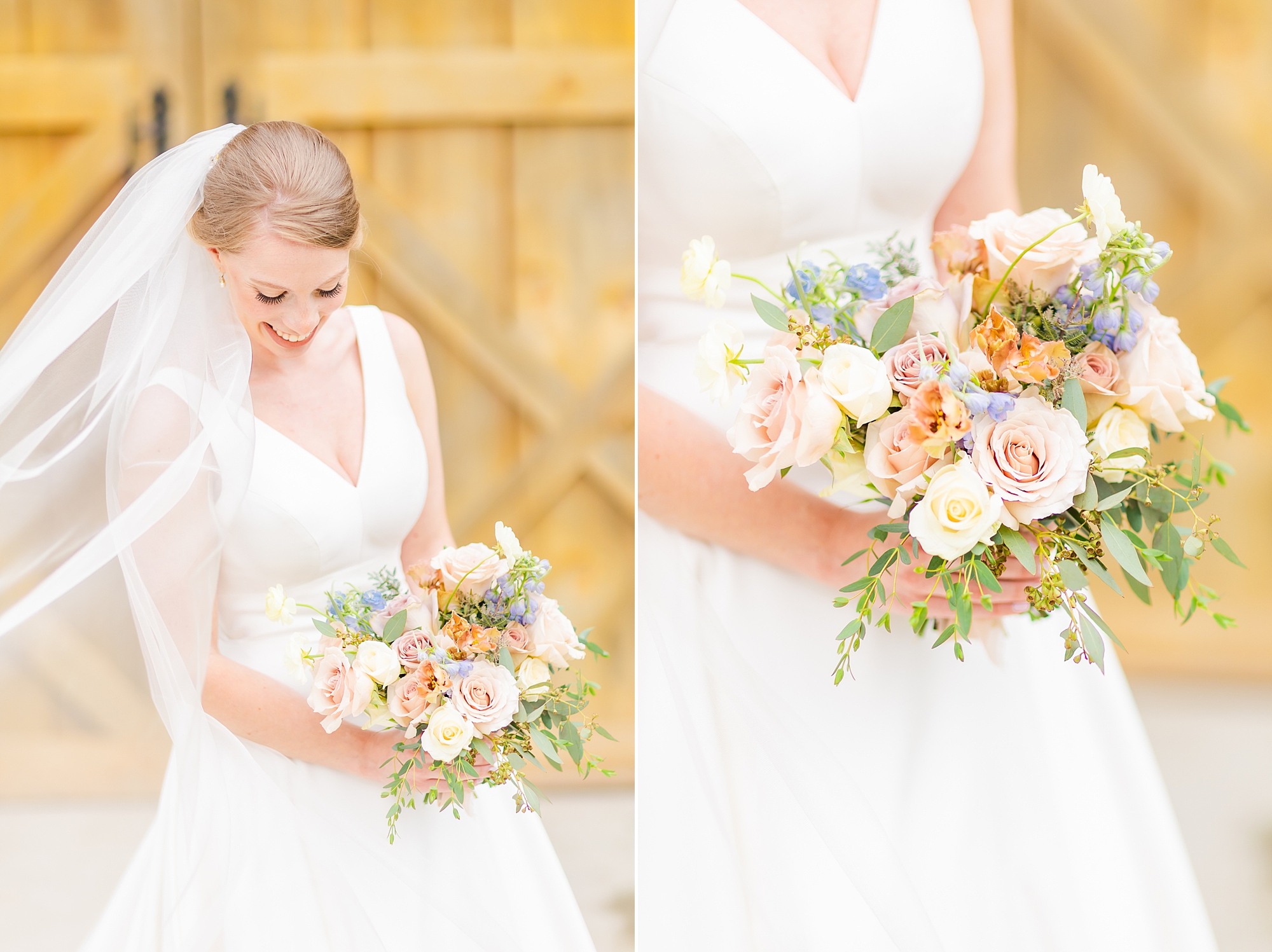 bride smiles down at pastel bouquet in Winston-Salem 