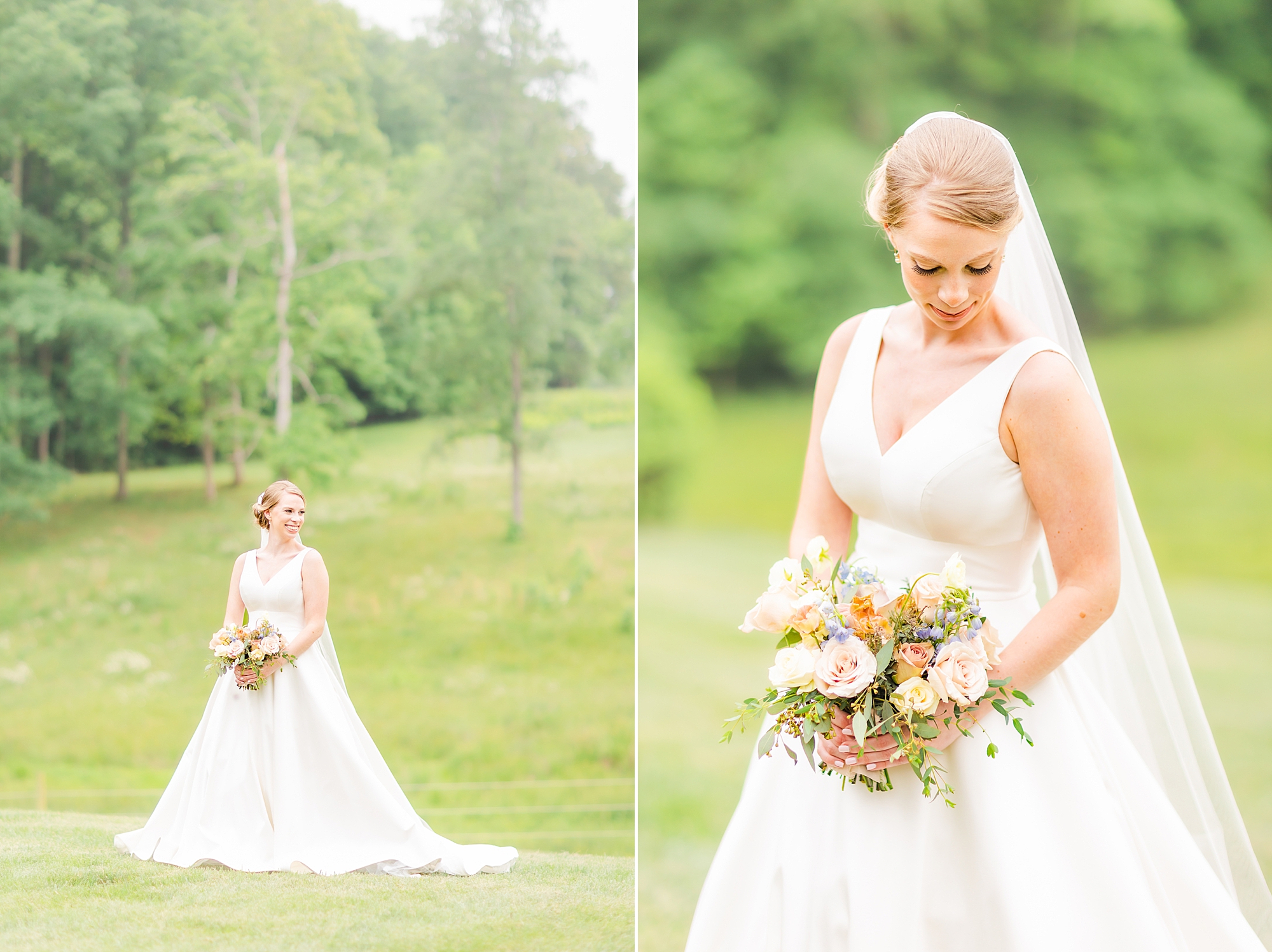 bride-to-be in wedding dress with v-neck looks at bouquet of pastel flowers 