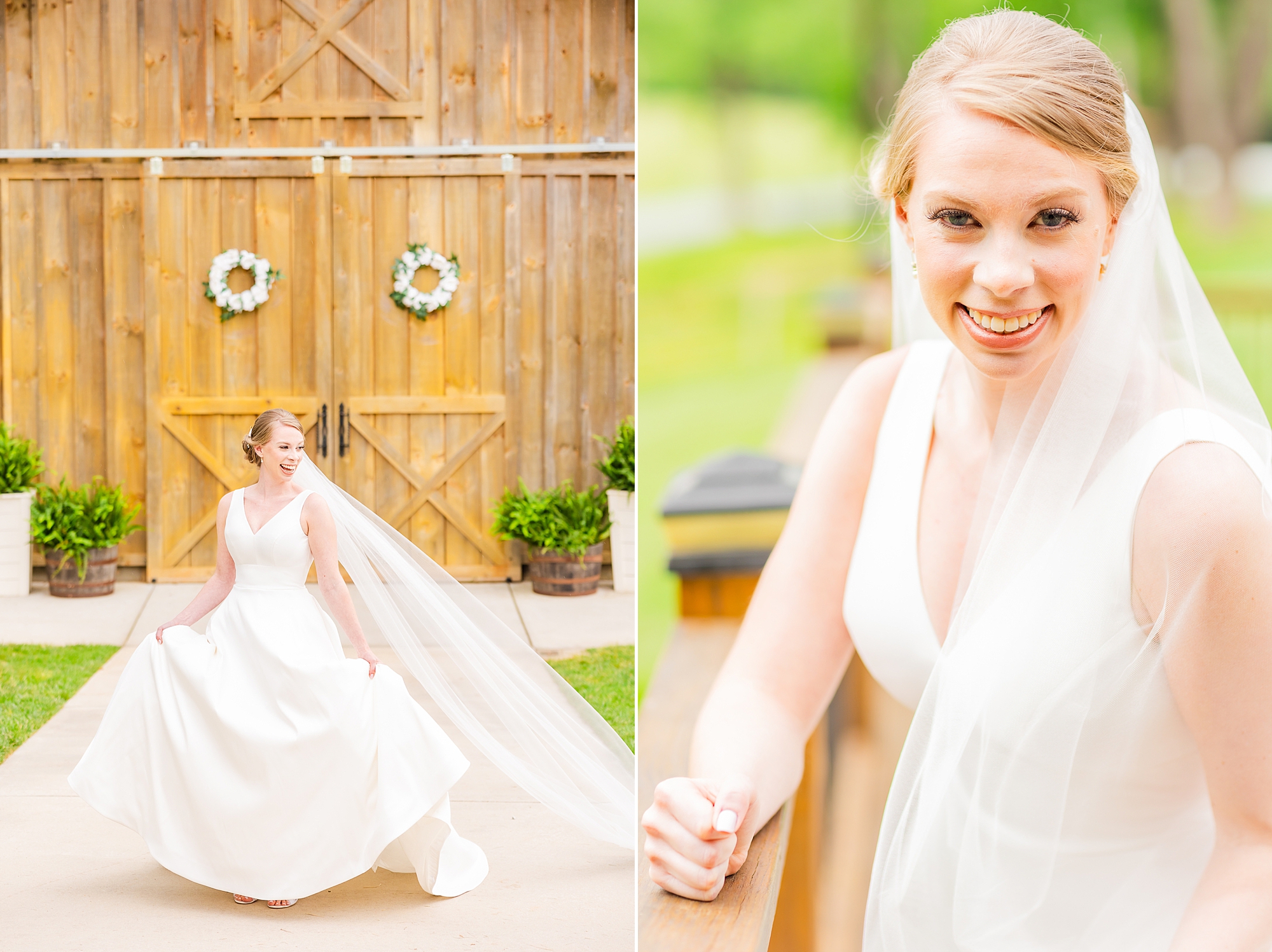 bride smiles standing on patio during bridal portraits with Charlotte wedding photographer 