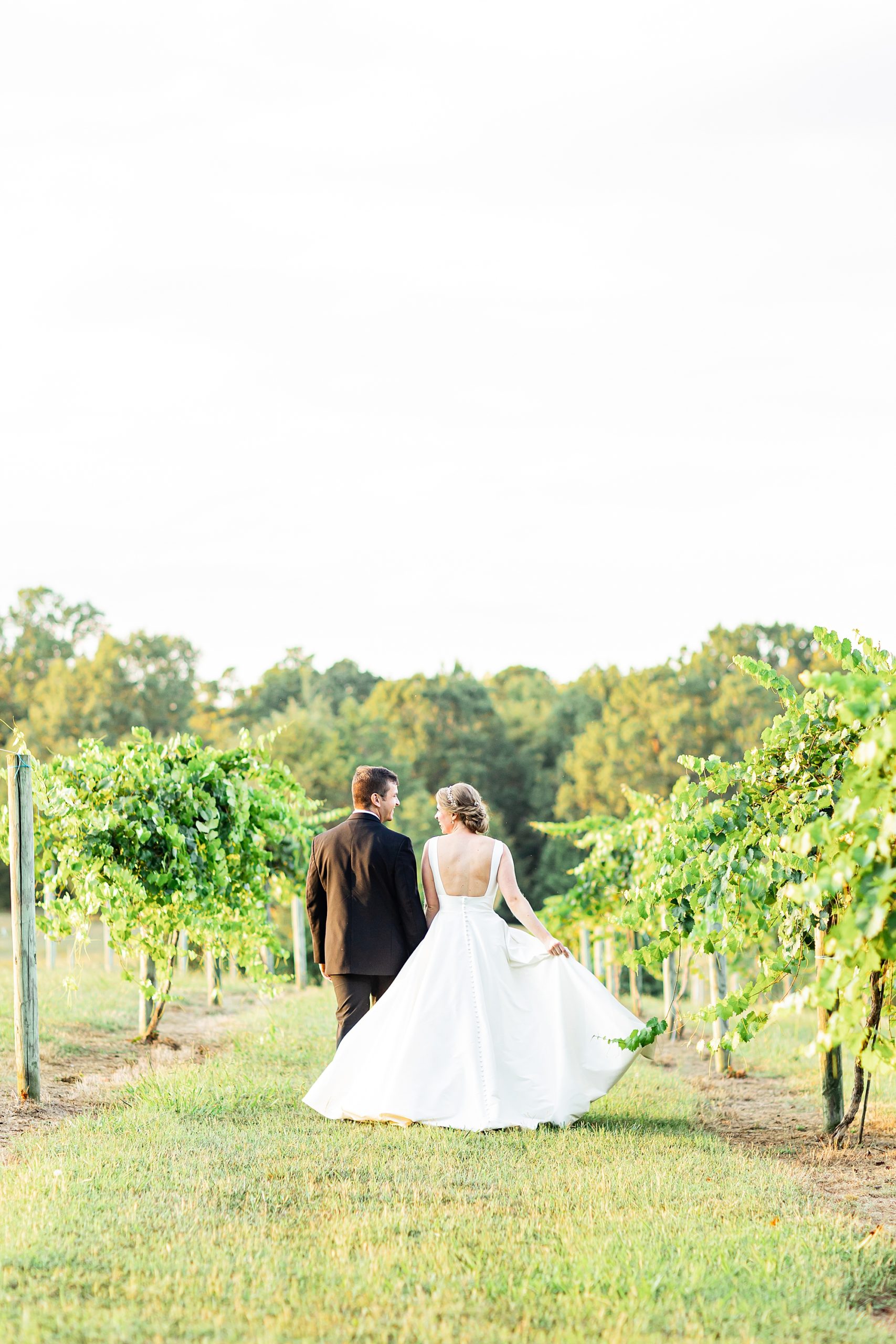 couple holds hands walking down row of vines at Old Homeplace Vineyard