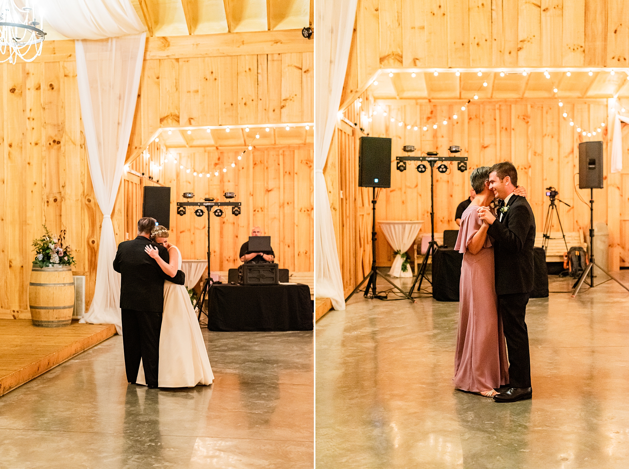 bride and groom dance with parents during reception