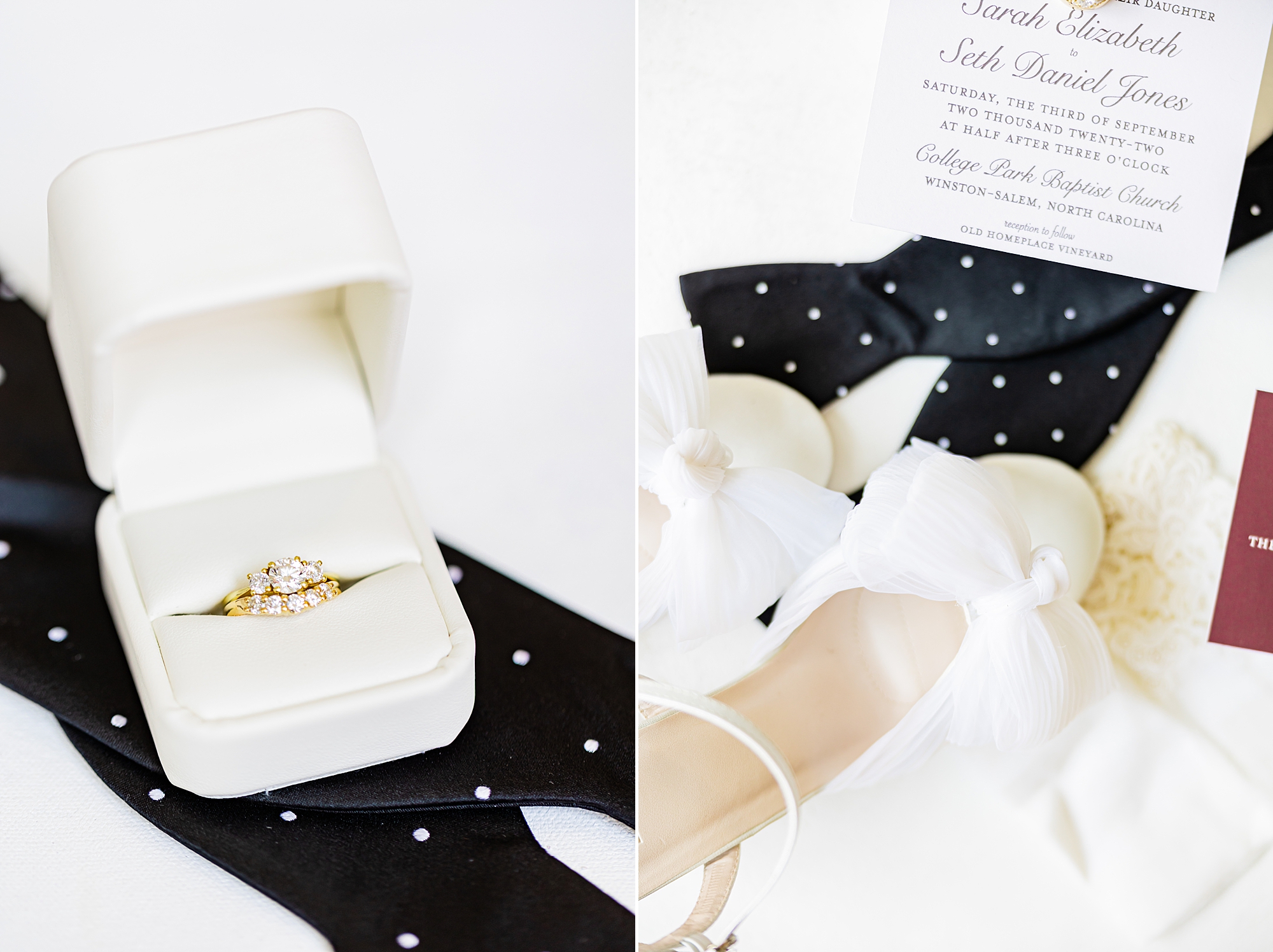 bride's ring sits on groom's tie before wedding