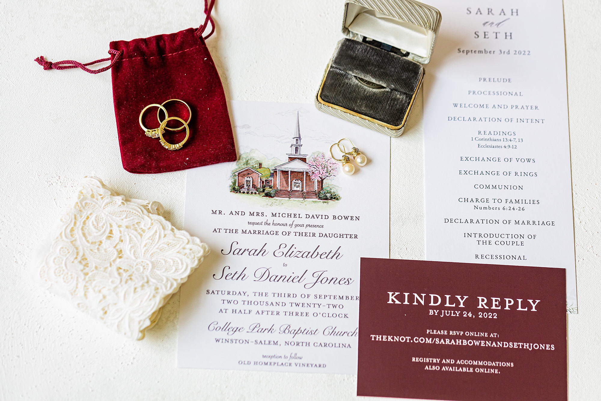 fall wedding details with invitation featuring College Park Baptist Church