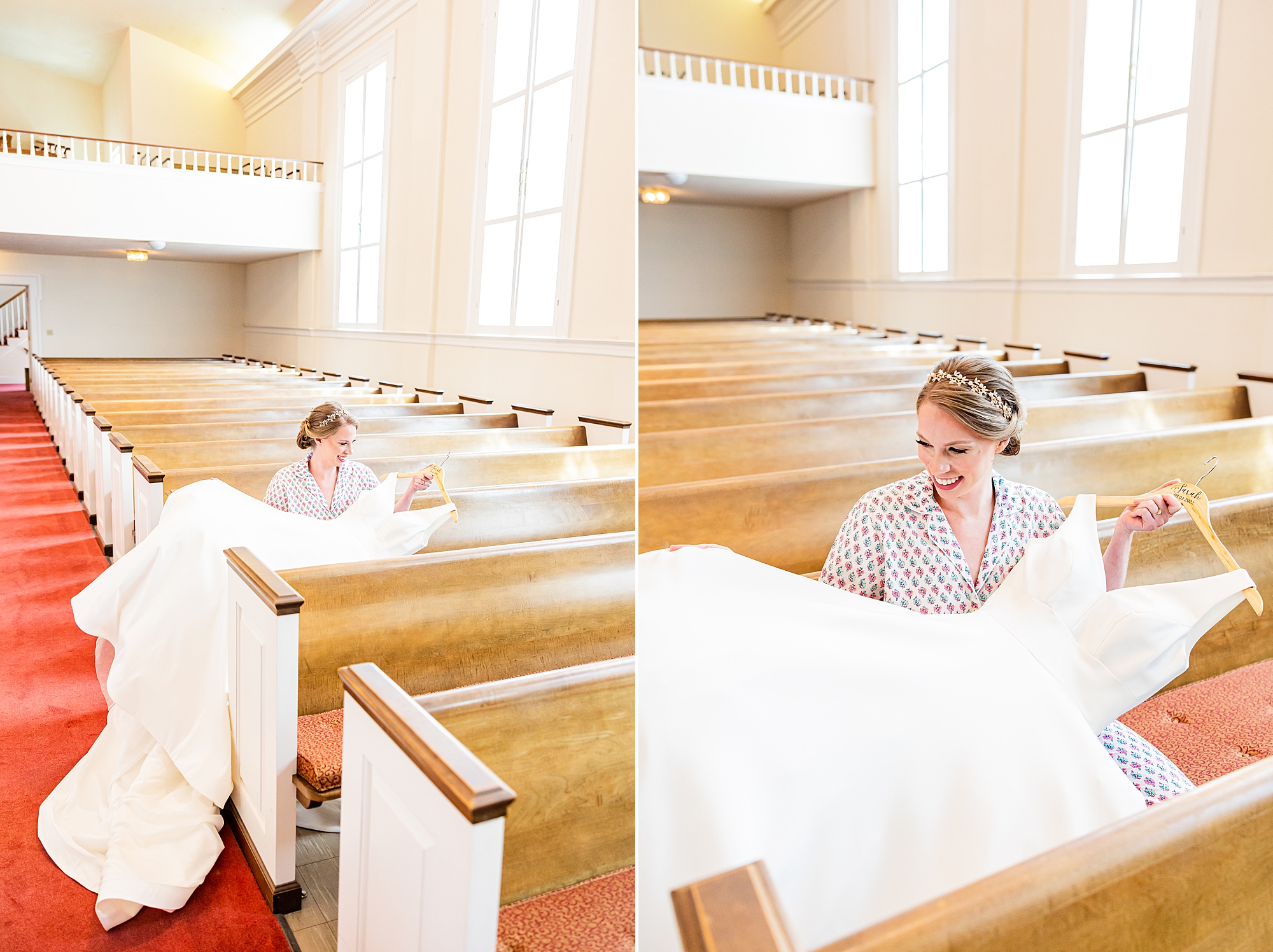 bride looks at wedding dress in pews at College Park Baptist Church