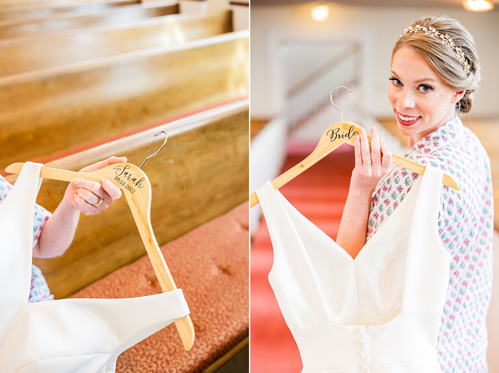 bride shows wedding dress on hanger in pews at College Park Baptist Church