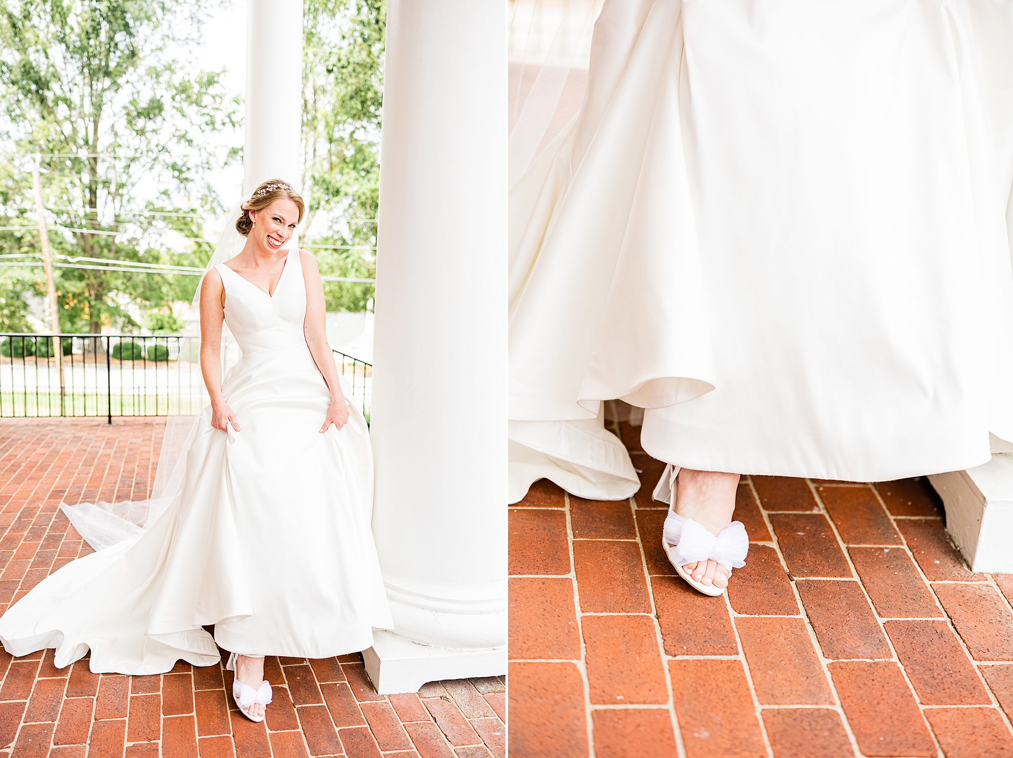 bride shows off shoes on brick walkway at College Park Baptist Church