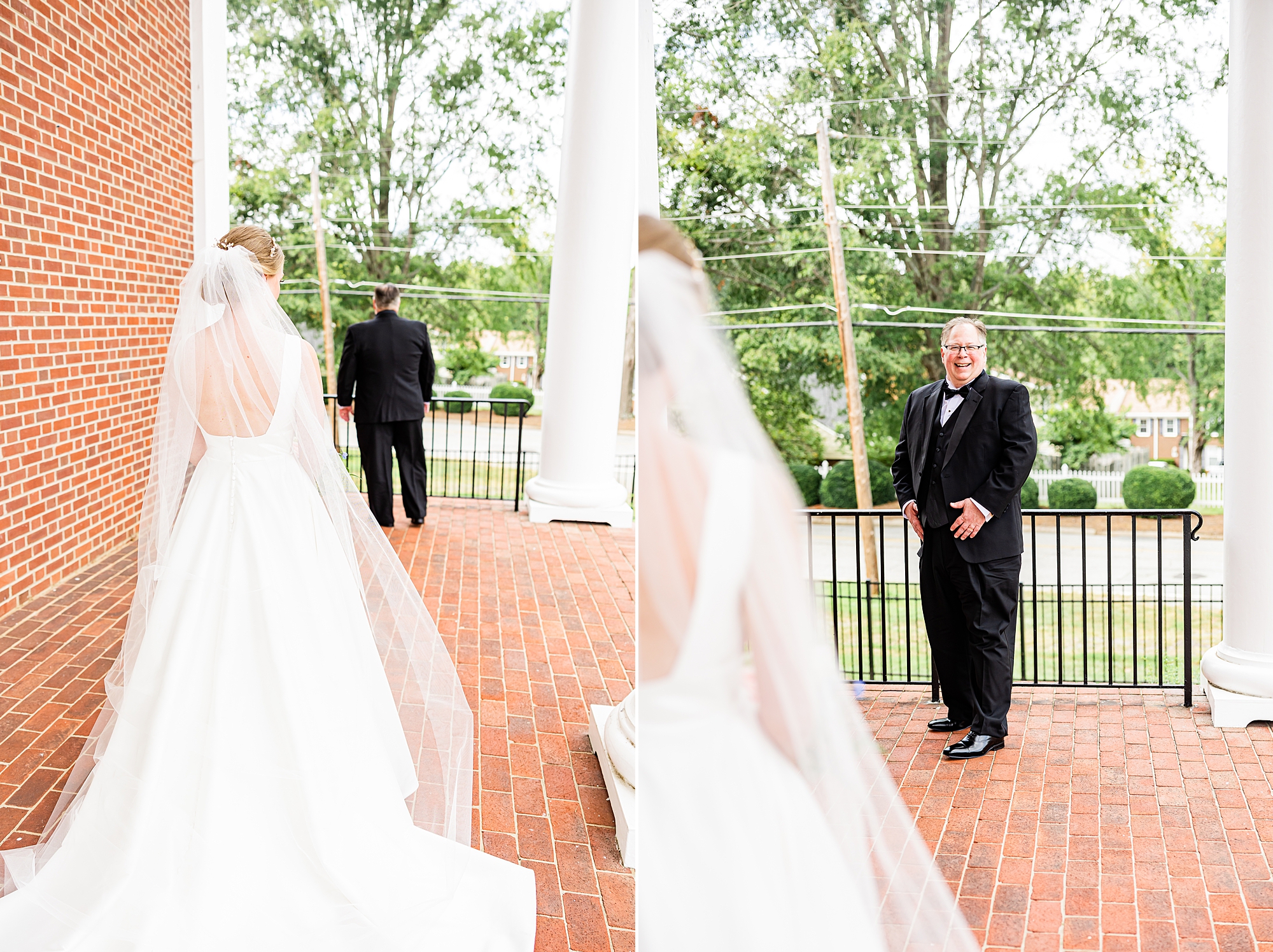 bride has first look with dad outside church 
