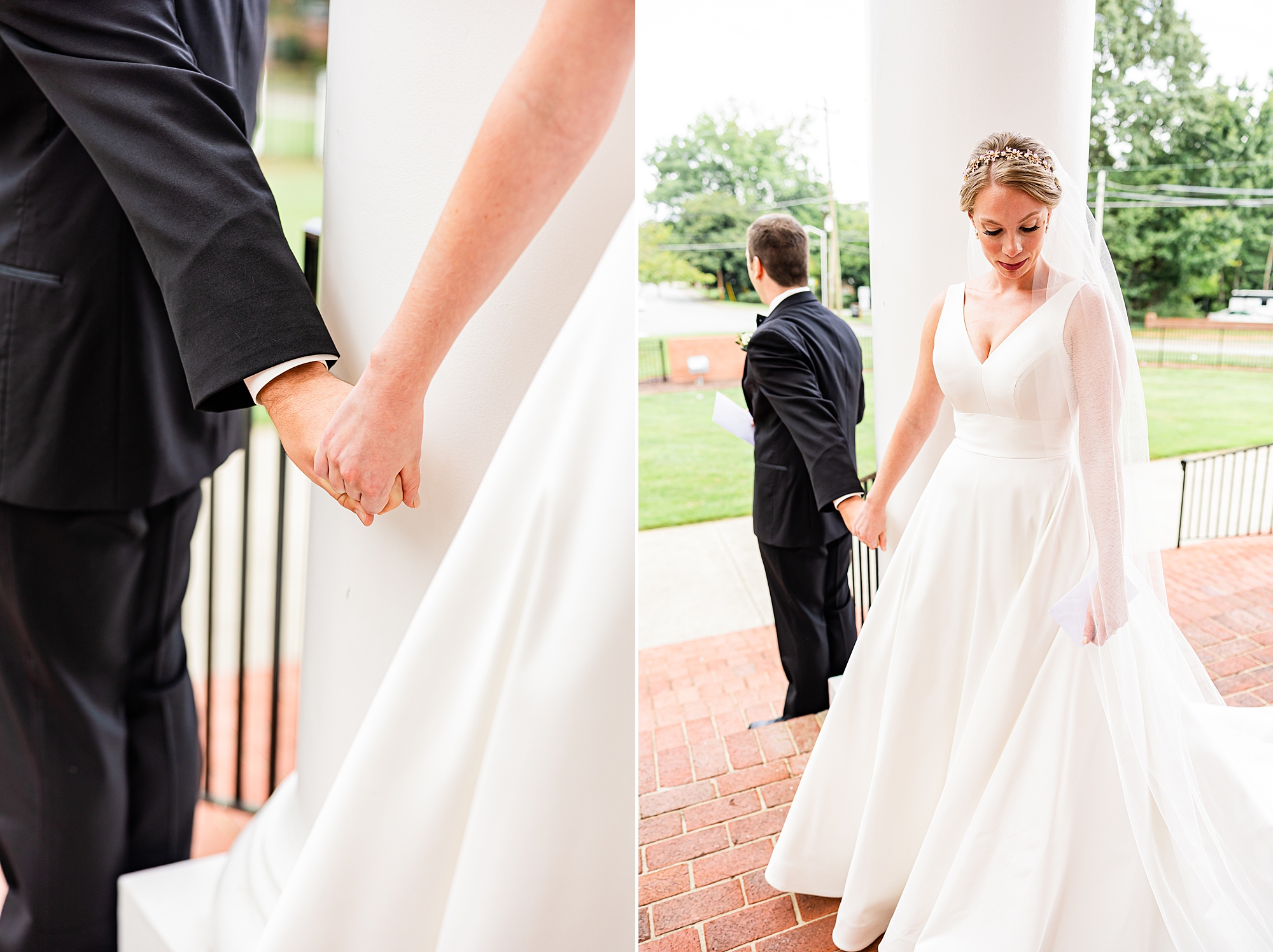 newlyweds hold hands around pillar at College Park Baptist Church