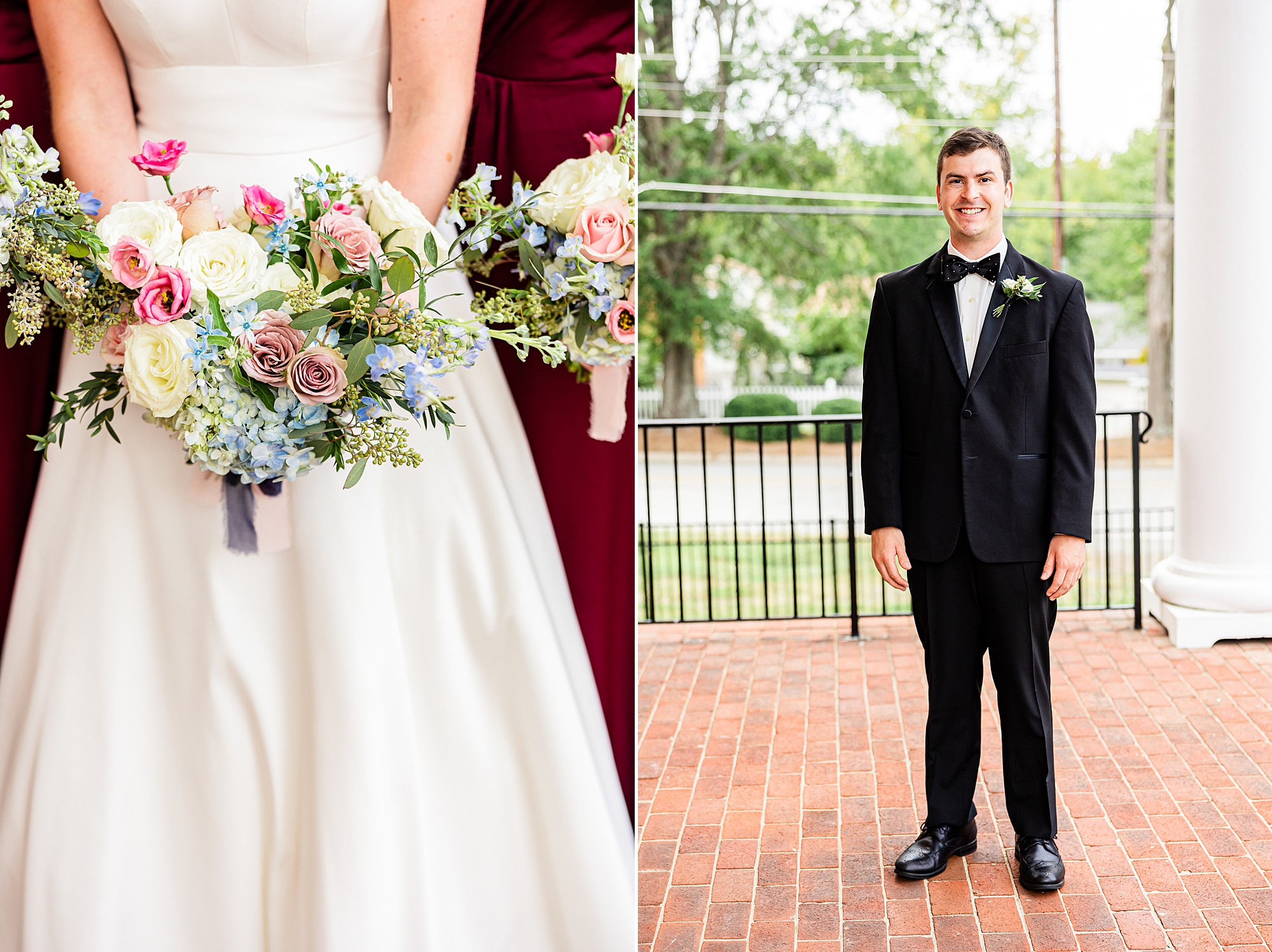 bride holds bouquet of white and pink flowers at College Park Baptist Church