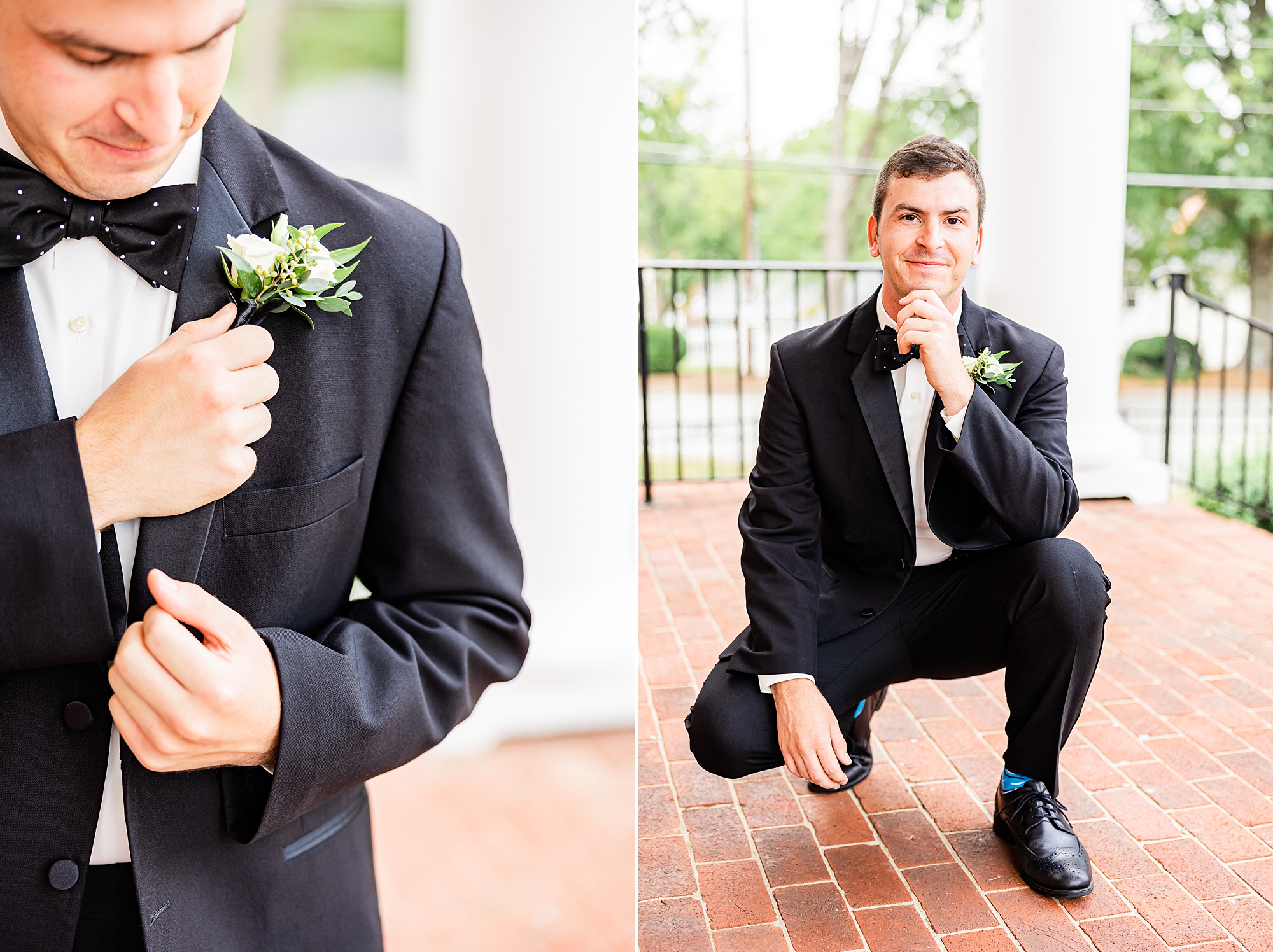 groom kneels down in black suit at College Park Baptist Church