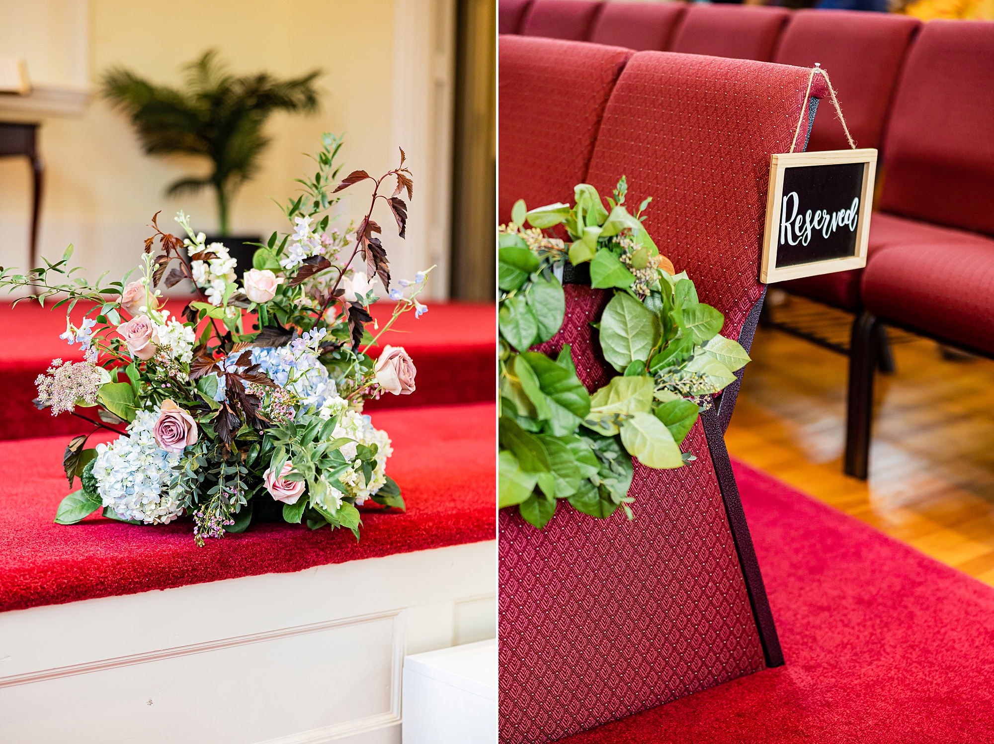 floral details for ceremony at College Park Baptist Church