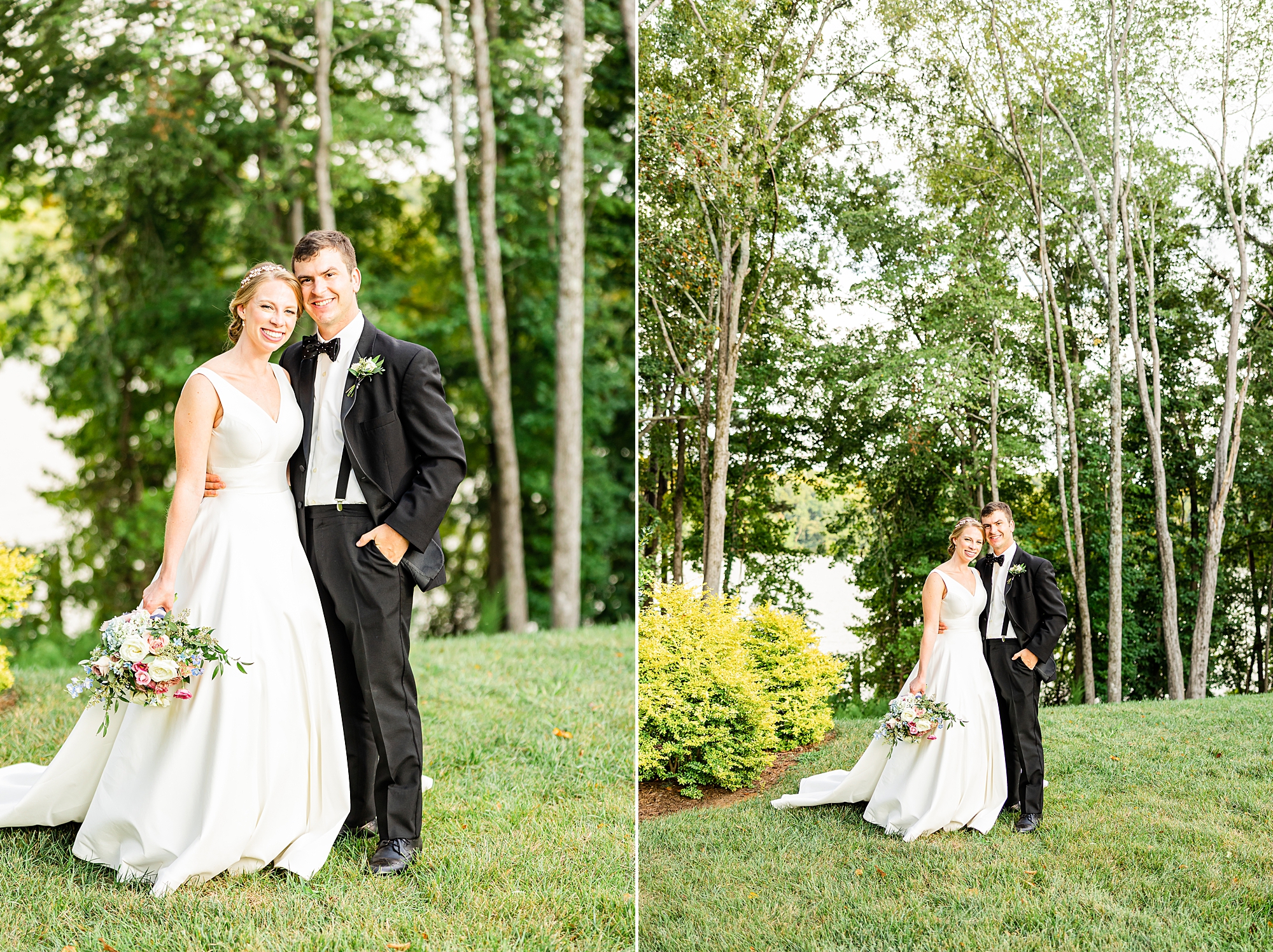 newlyweds stand on lawn at Old Homeplace Vineyard