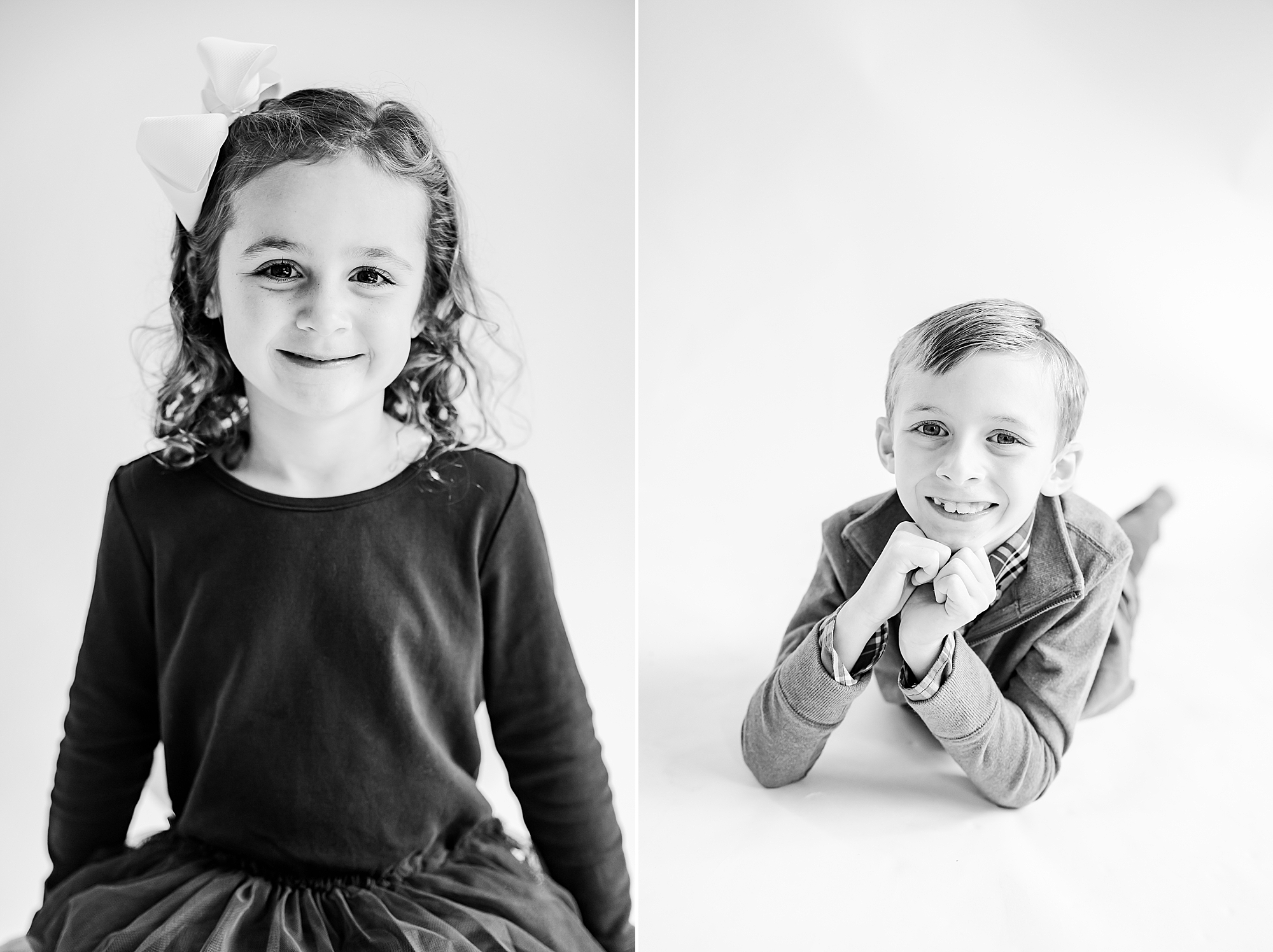 siblings pose on white backdrop during studio personality portraits
