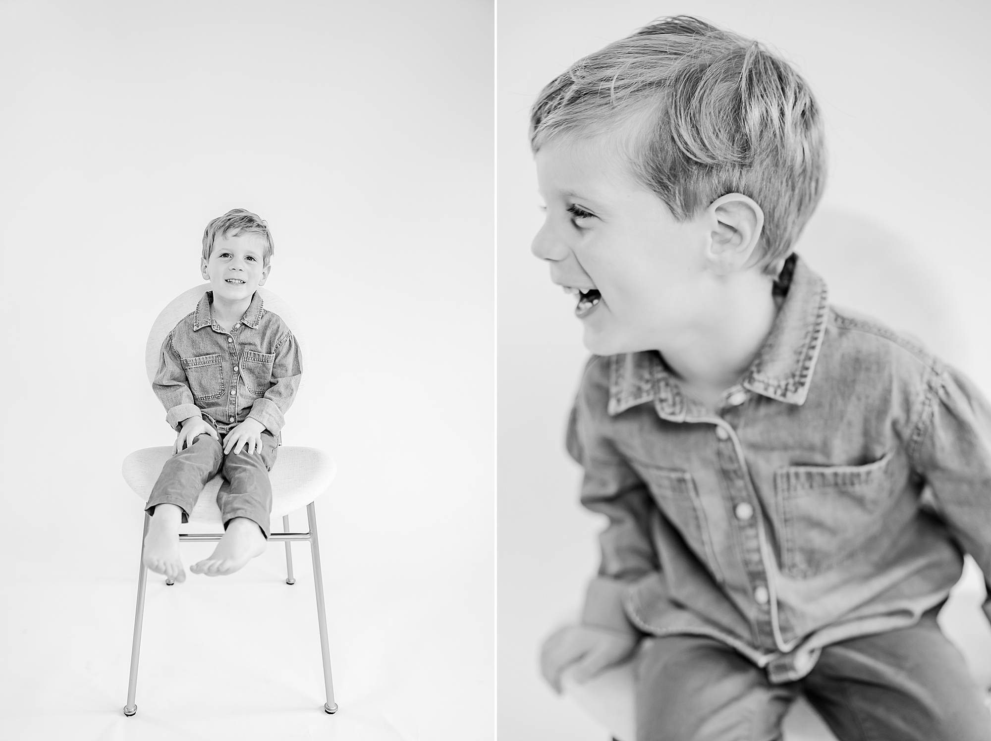 boy laughs sitting in tall chair