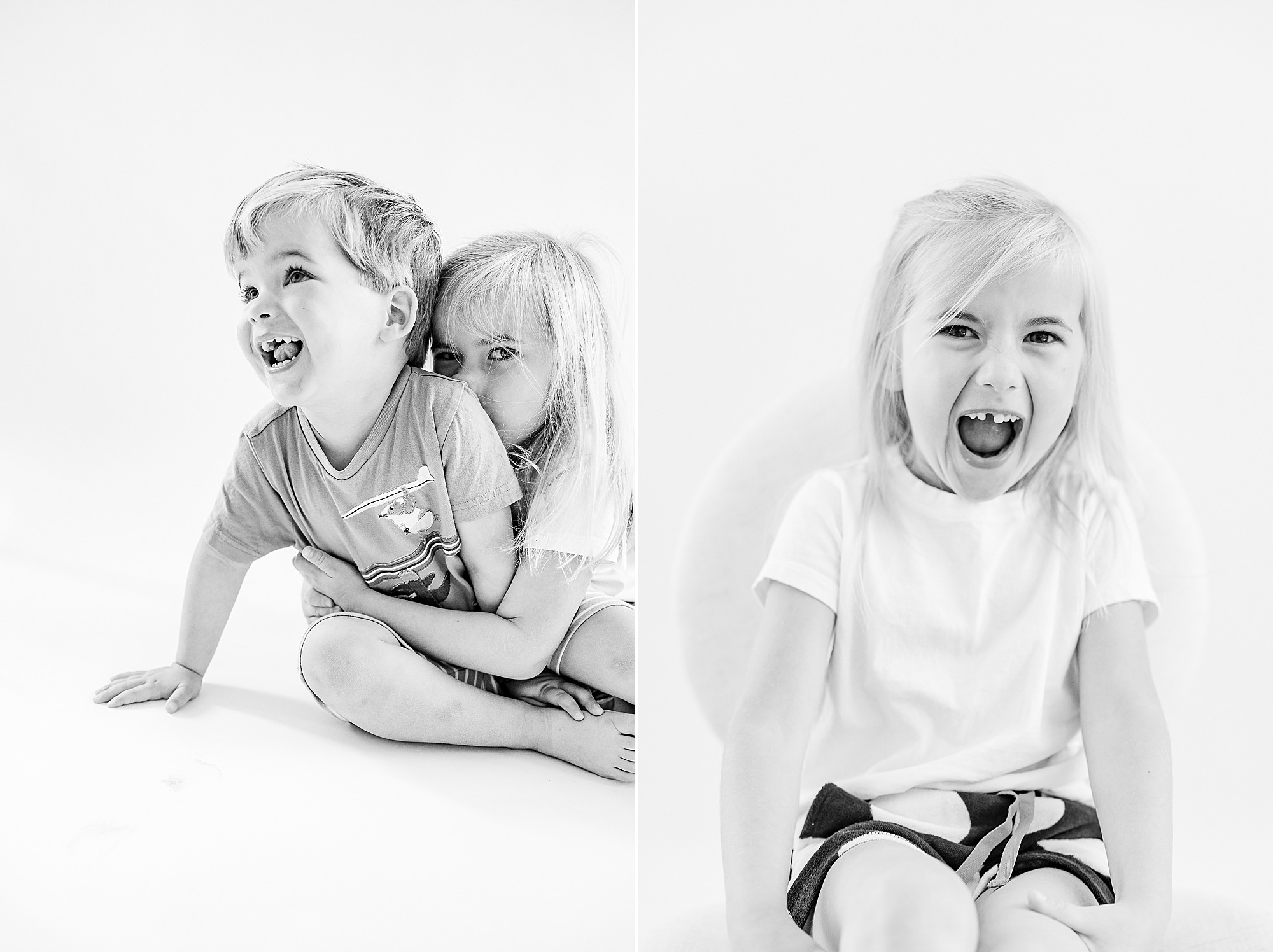 kids laugh together during studio personality portraits