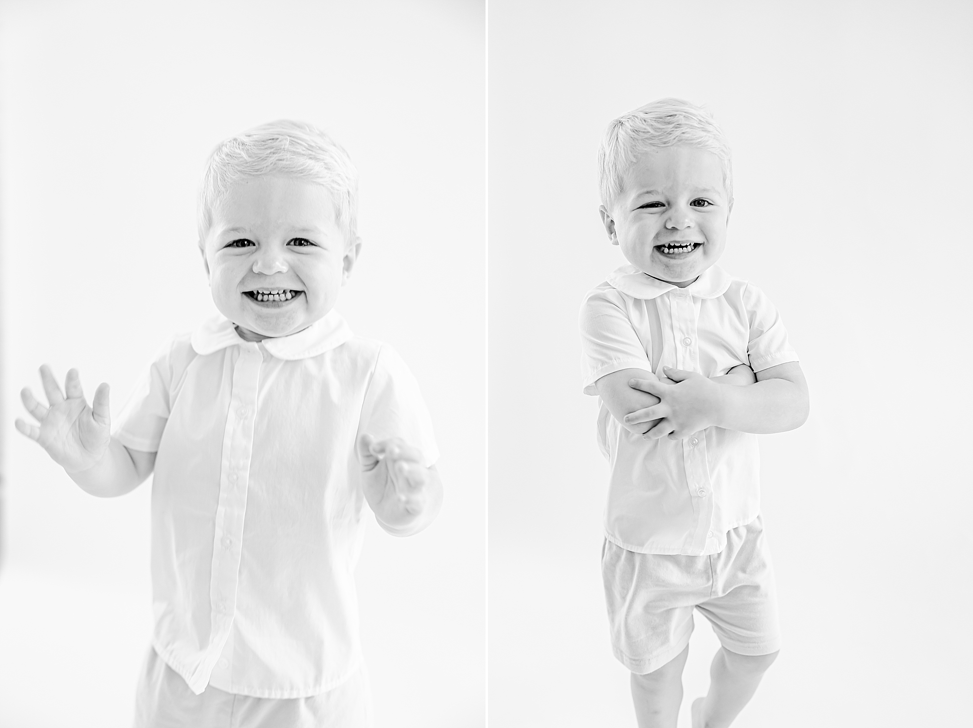 black and white portriats of toddler in polo 