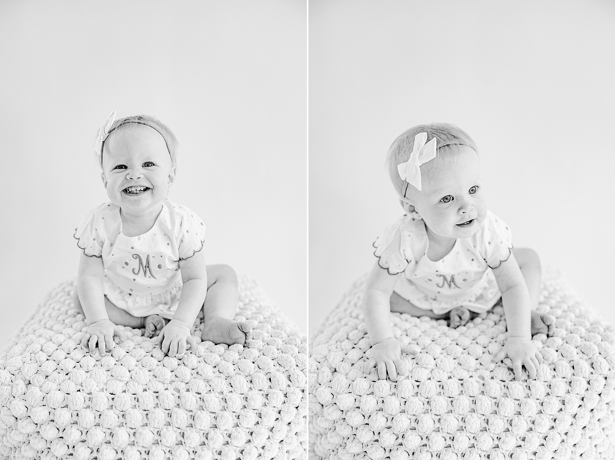 baby girl climbs on bean bag chair during studio personality portraits