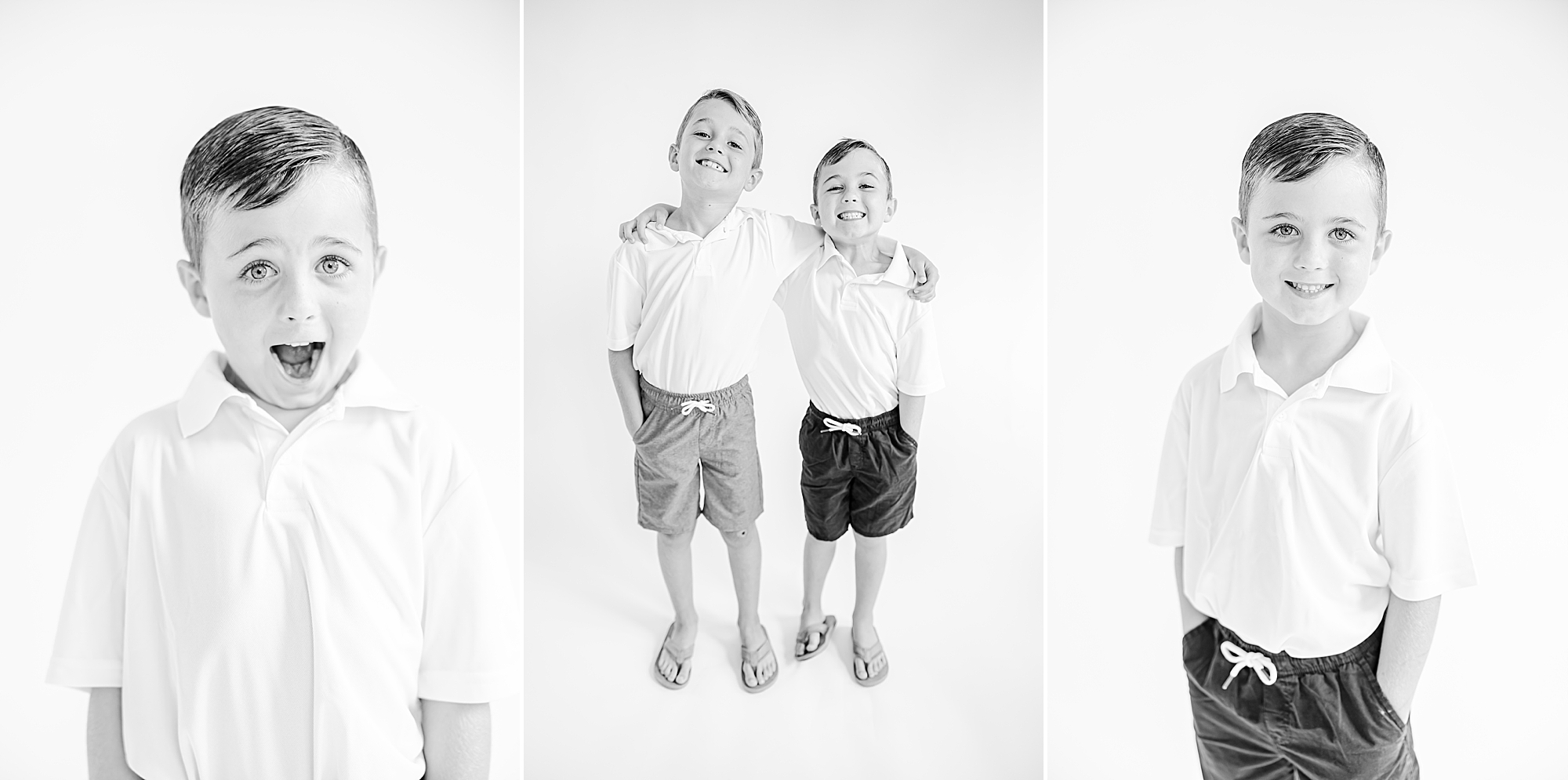 brothers stand together in polos and shorts during studio personality portraits