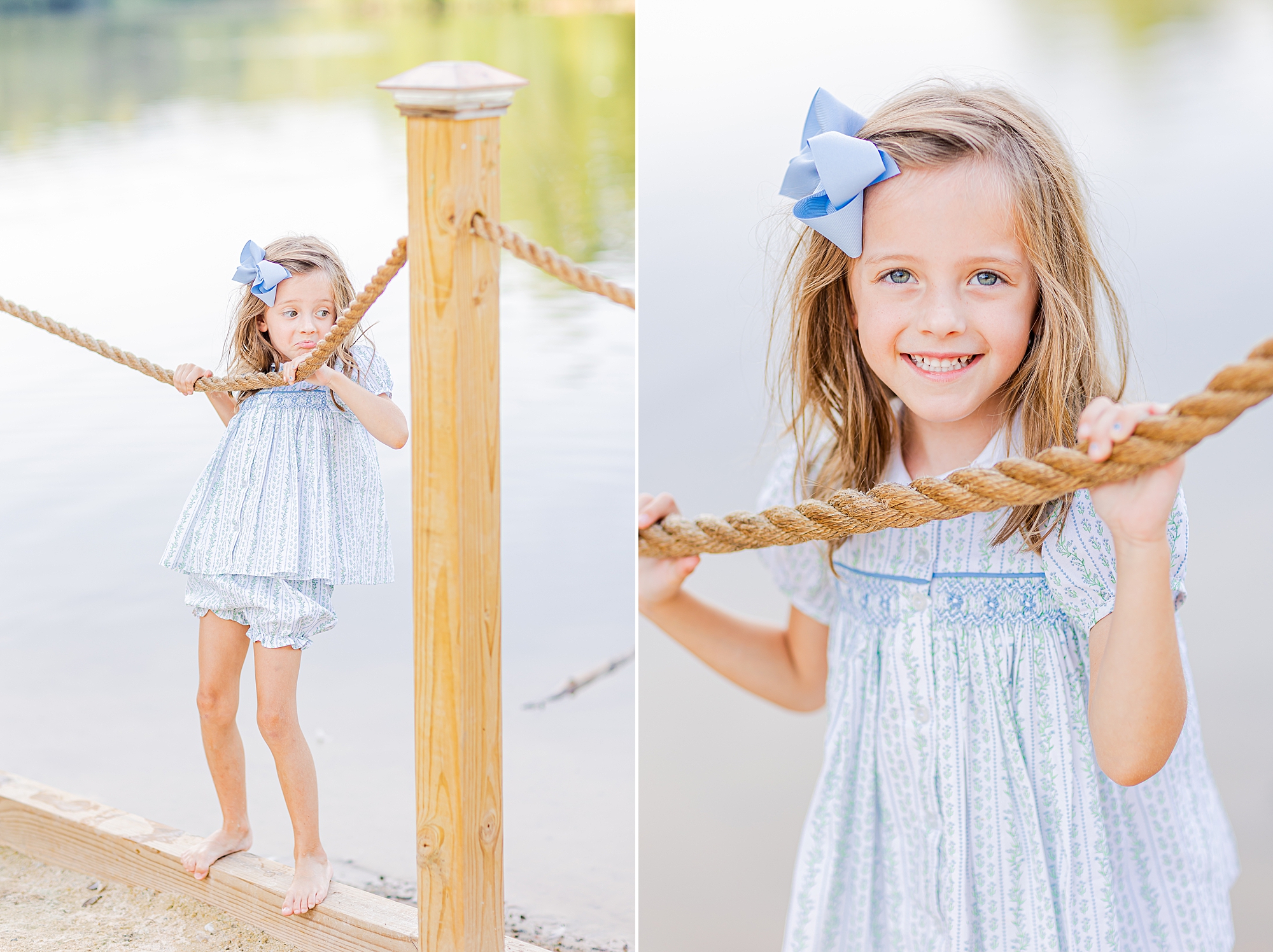 girl poses near lake rope with blue dress and bow in Charlotte NC