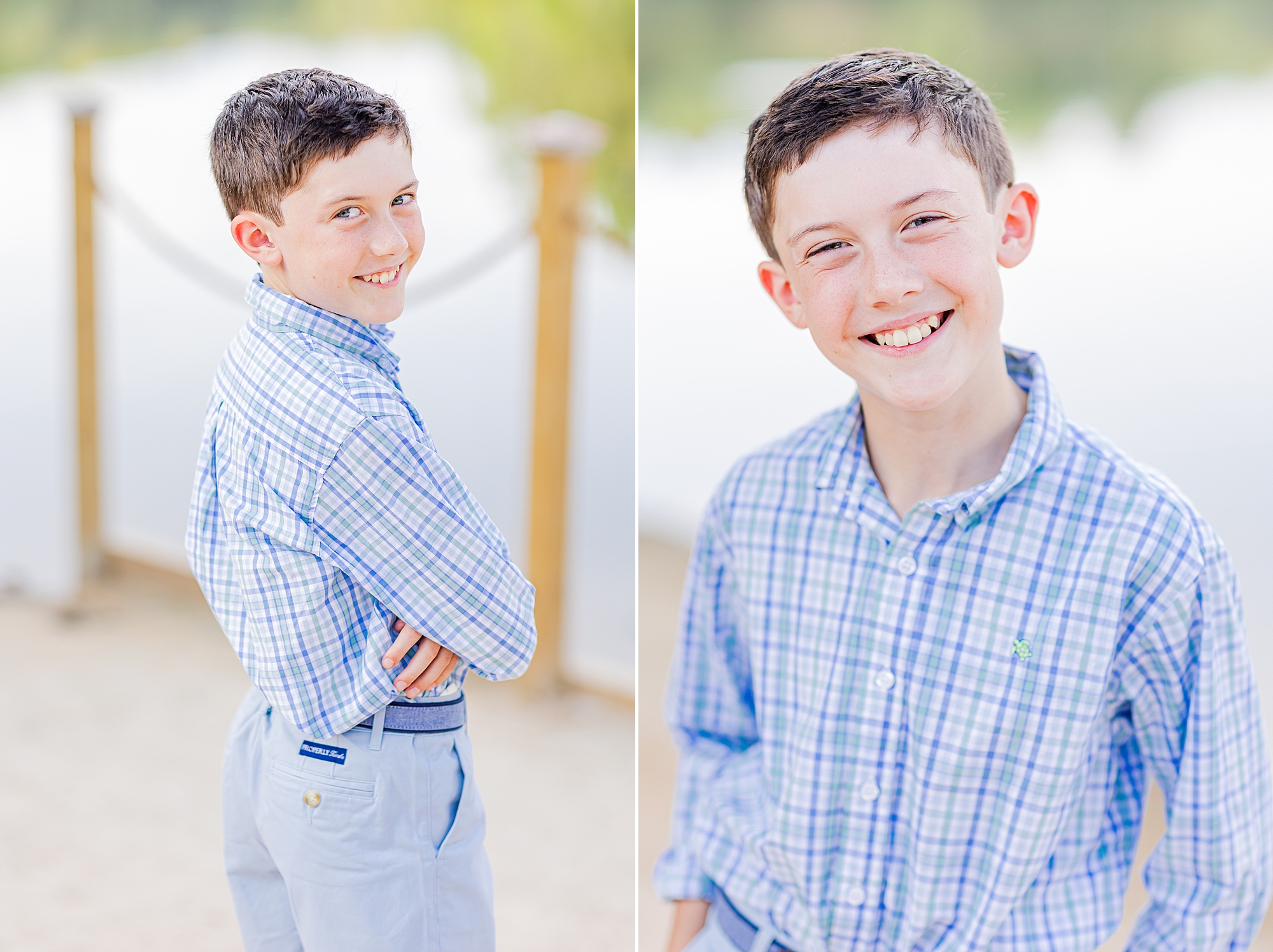 boy in blue plaid shirt smiles during lakefront family portraits in Charlotte 