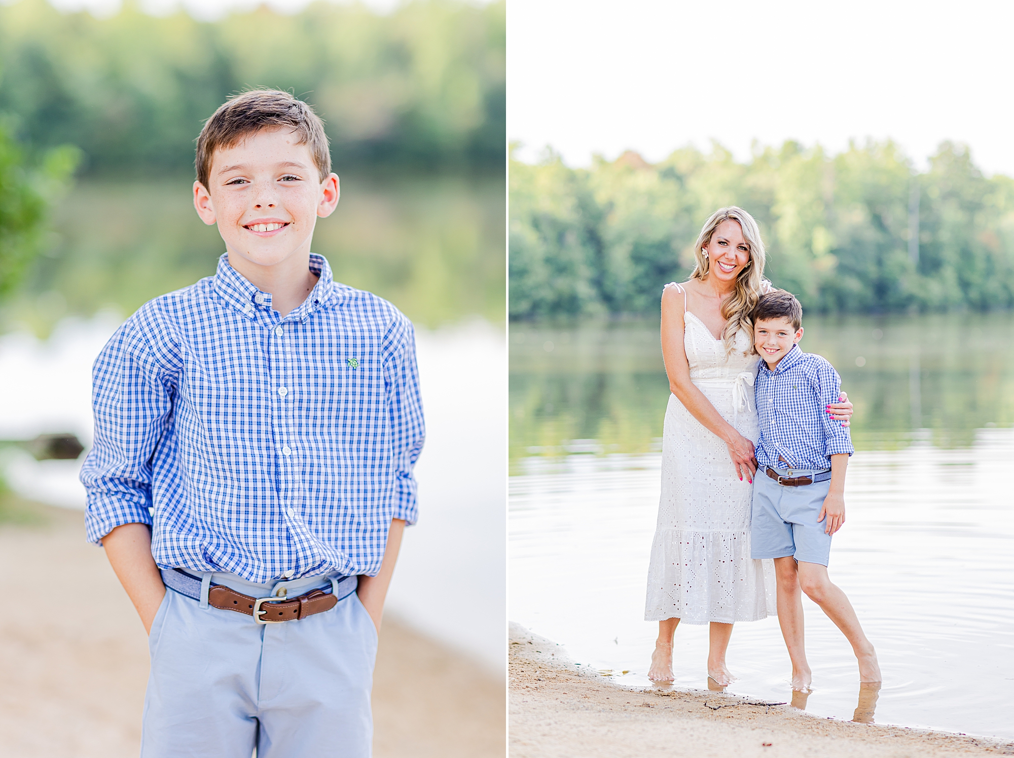 mom hugs son along water during lakefront family portraits in Charlotte 
