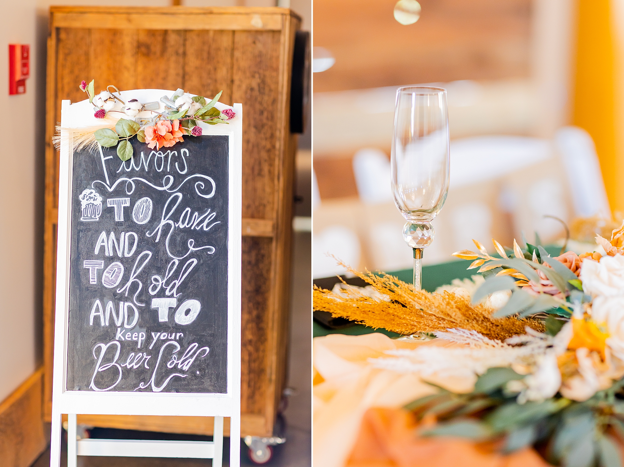 favor sign and fall wedding reception settings at Camelot Meadows wedding