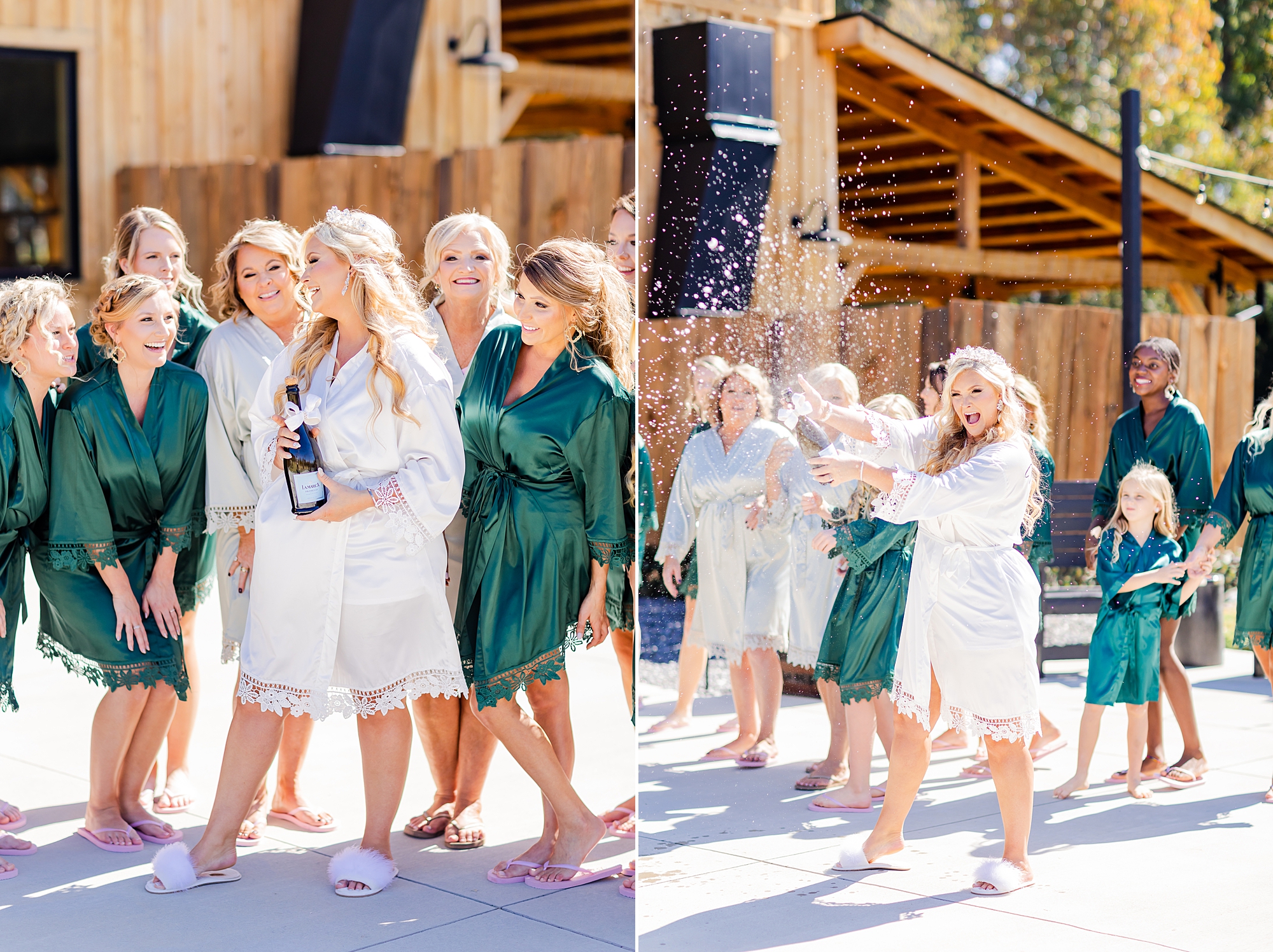 bride poses with bridesmaids in emerald robes outside Camelot Meadows