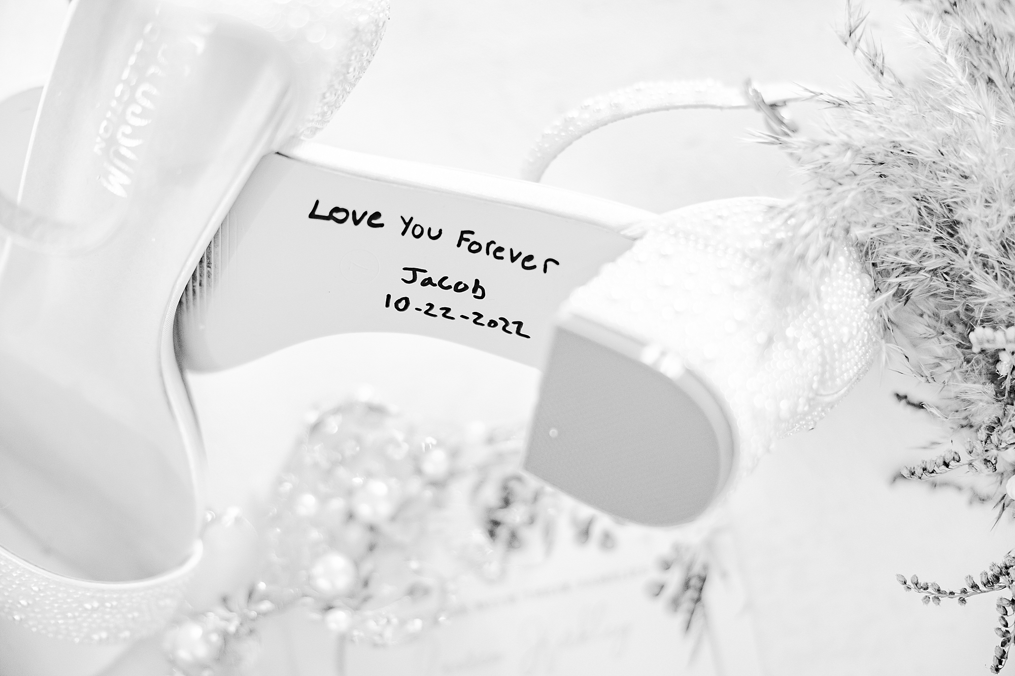 message from groom on bride's shoe for fall Camelot Meadows wedding