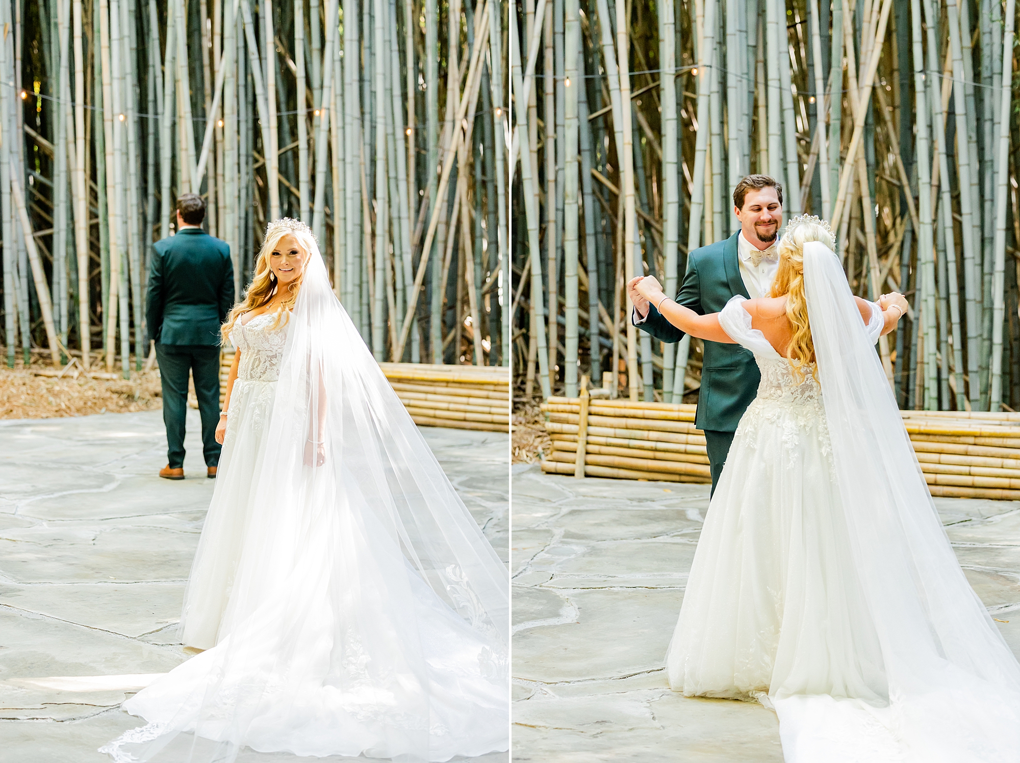 newlyweds have first look in bamboo woods at Camelot Meadows