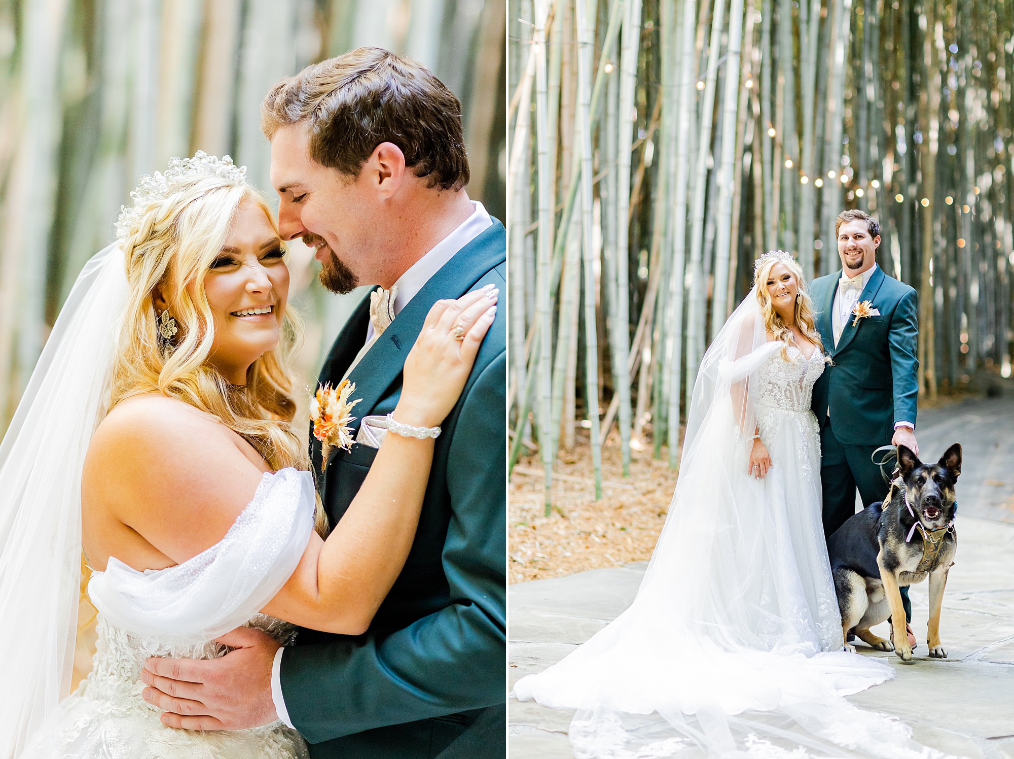 groom leans to nuzzle bride's forehead during portraits in bamboo forest at Camelot Meadows wedding