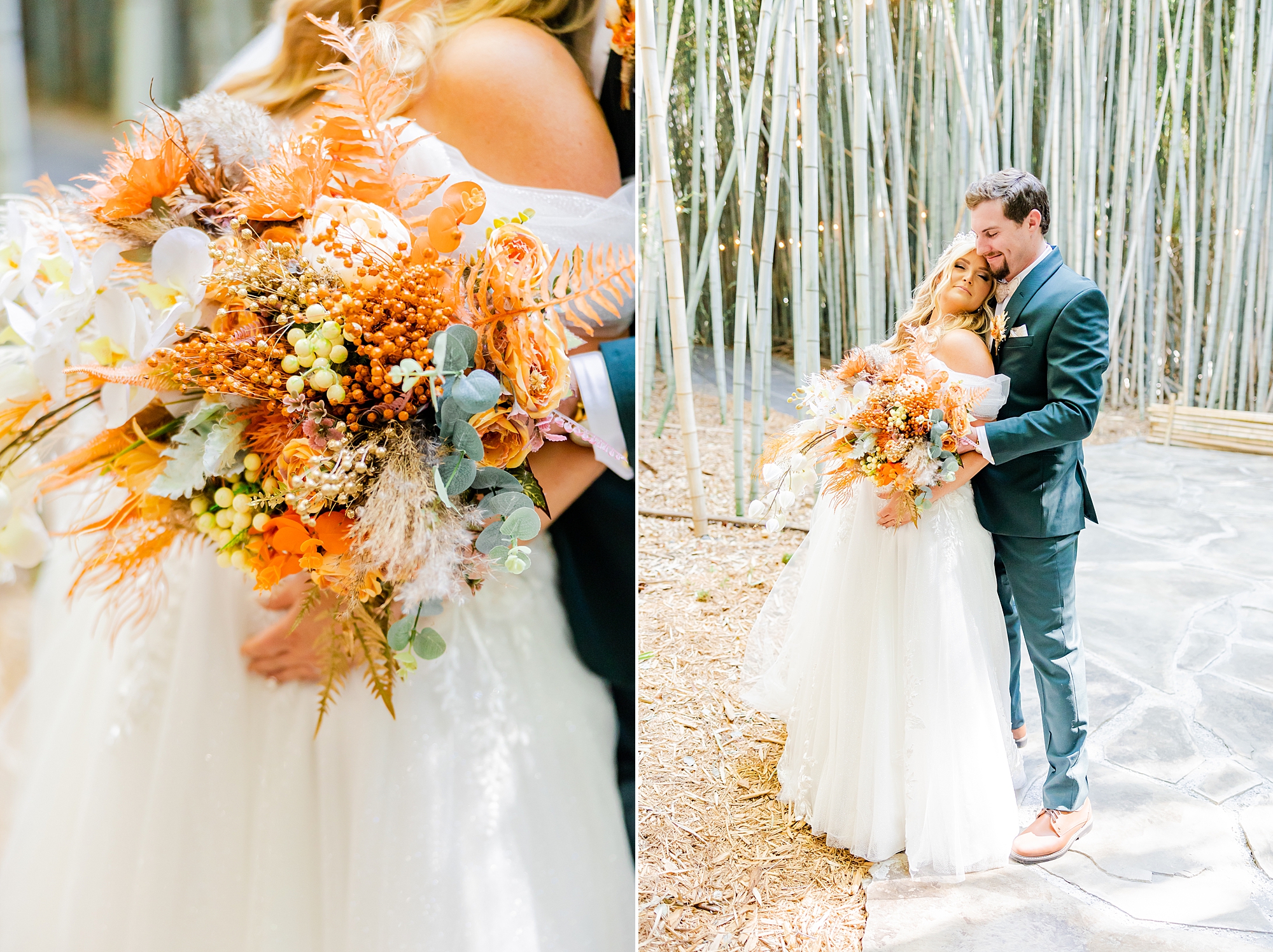 bride holds fall bouquet for wedding day at Camelot Meadows