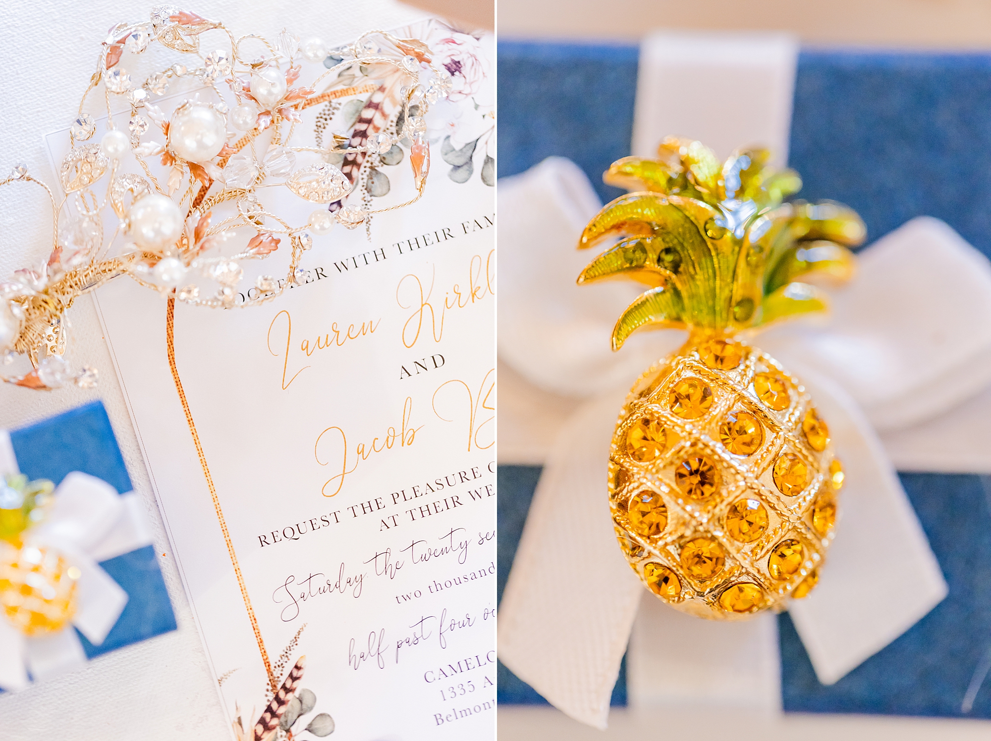 bejeweled pineapple sits on gift for wedding day