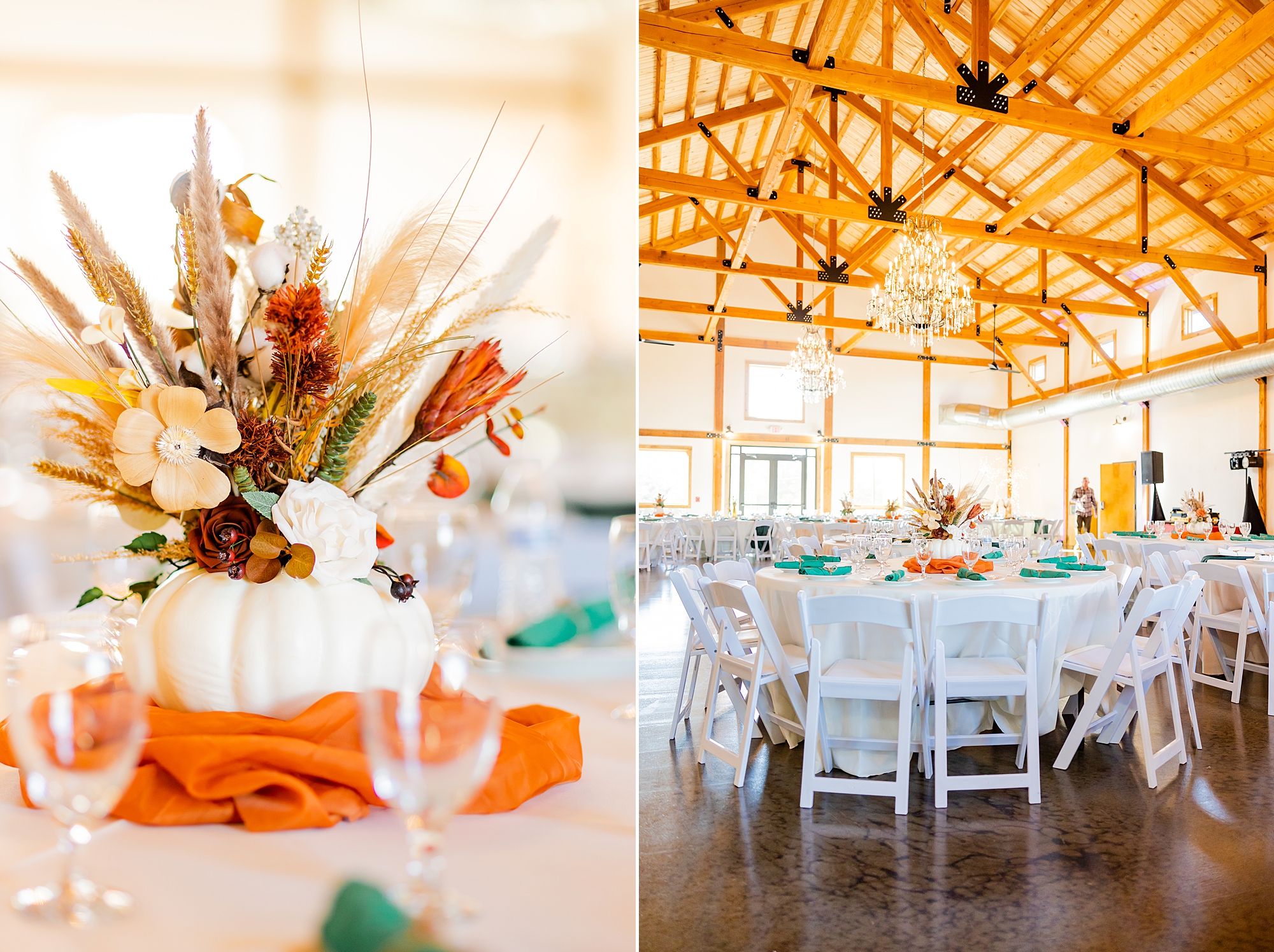 fall wedding reception in barn with floral centerpieces in white pumpkin 